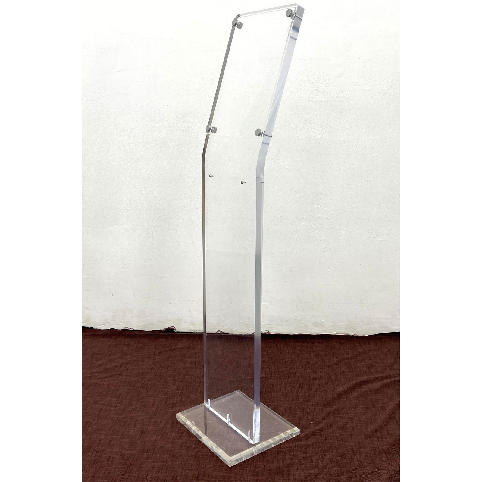 Lucite Display Menu Stand.: Lucite Display Menu Stand. Dimensions: Height: 48 inches, Width: 12 inches, Depth: 10.5 inches. --- - - We offer curbside delivery for most items to NYC, Manhattan, Close Brooklyn, Hoboken about a wee