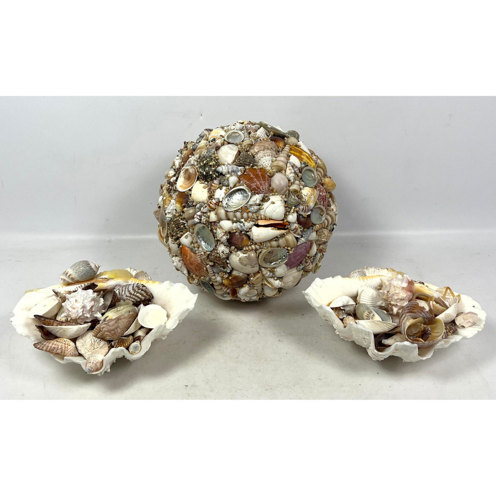 3pc Sea Shell Craft Art. Nice Shell encrusted Ball Sphere. Also 2 clam shells filled with shells; Lo (1 of 12)