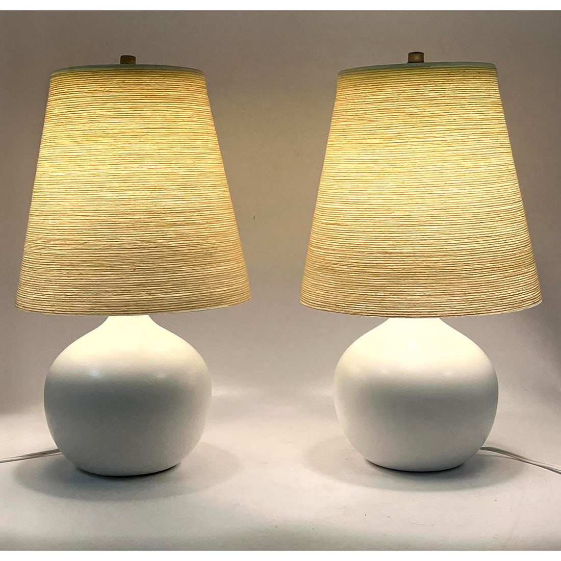 Pair of Mid Century Modern Lotte Bostlund Ceramic Lamps with Original Shades: Pair of Mid Century Modern Lotte Bostlund Ceramic Lamps with Original Shades Dimensions: Height: 17 inches, Width: 10 inches, Depth: 10 inches. --- US Packing and Shipping charge: In house shipping av