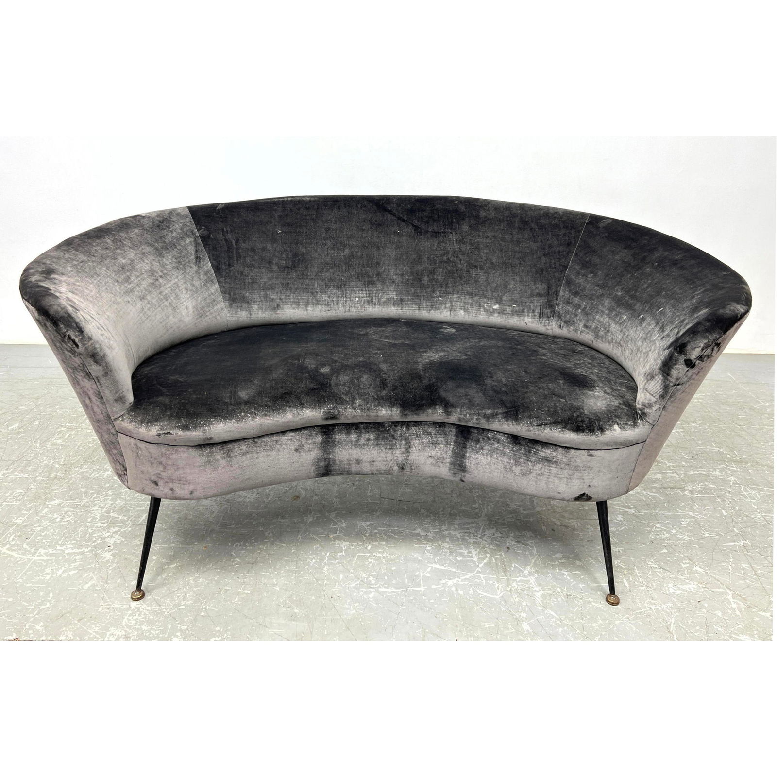 Italian Gio Ponti Style Loveseat Sofa. Curved form with splayed metal legs. (1 of 8)