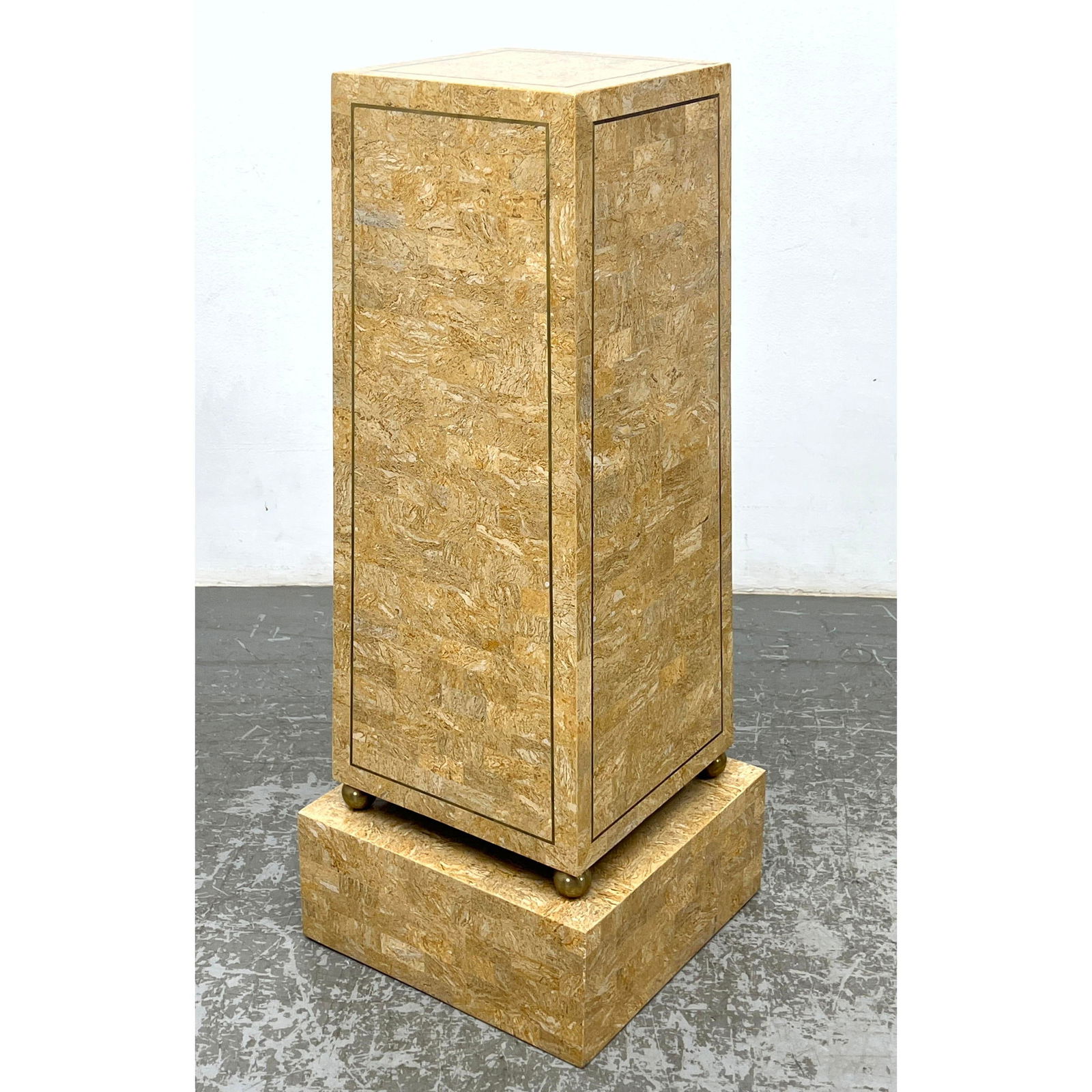 Travertine Overlay Pedestal Stand with Brass Ball Design base. Brass inlaid details. (1 of 12)