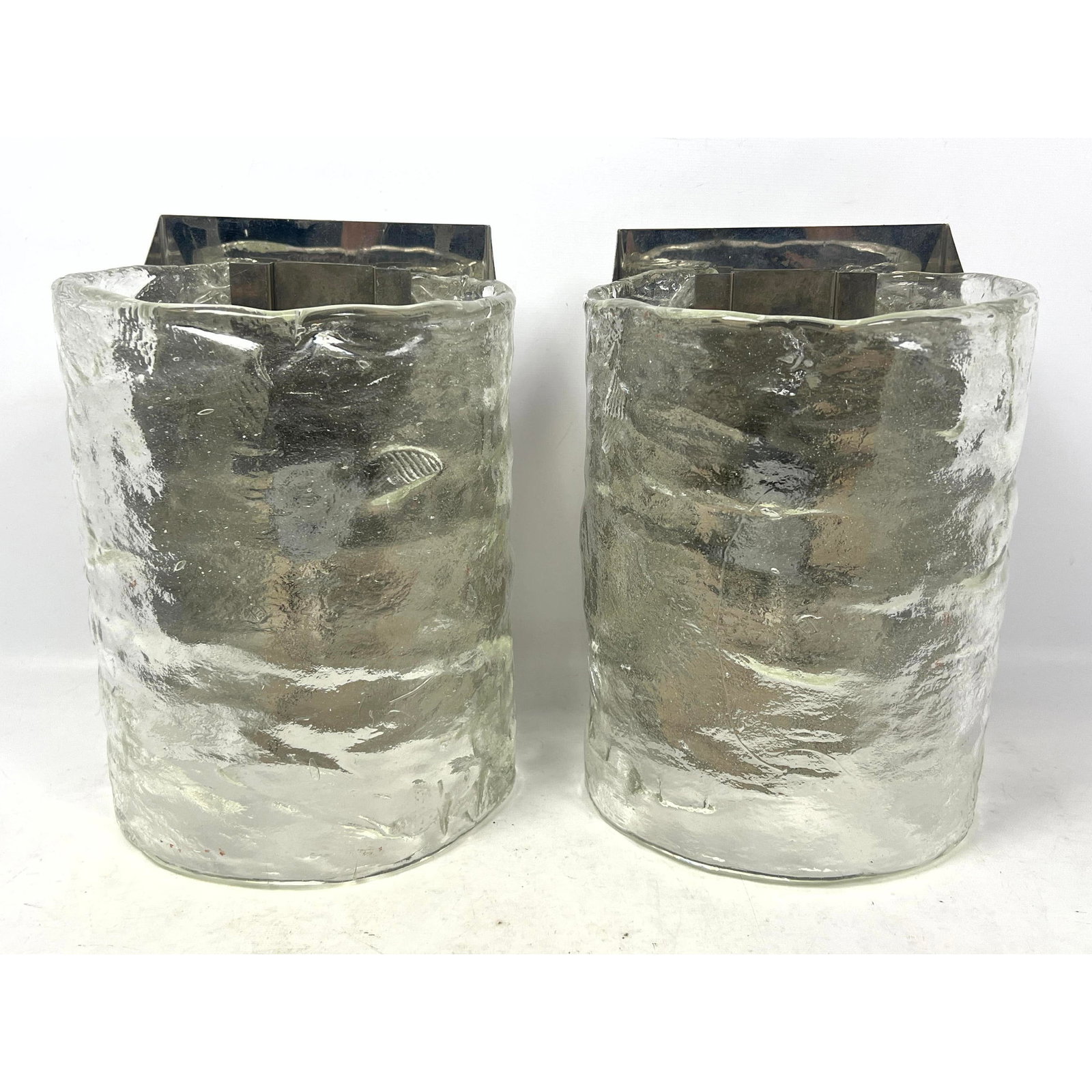 Pair Italian Modern Slump Glass Wall Sconces.: Pair Italian Modern Slump Glass Wall Sconces. Dimensions: Height: 9.5 inches, Width: 8 inches, Depth: 6 inches. --- US Packing and Shipping charge: In house shipping available. Will be calculated once
