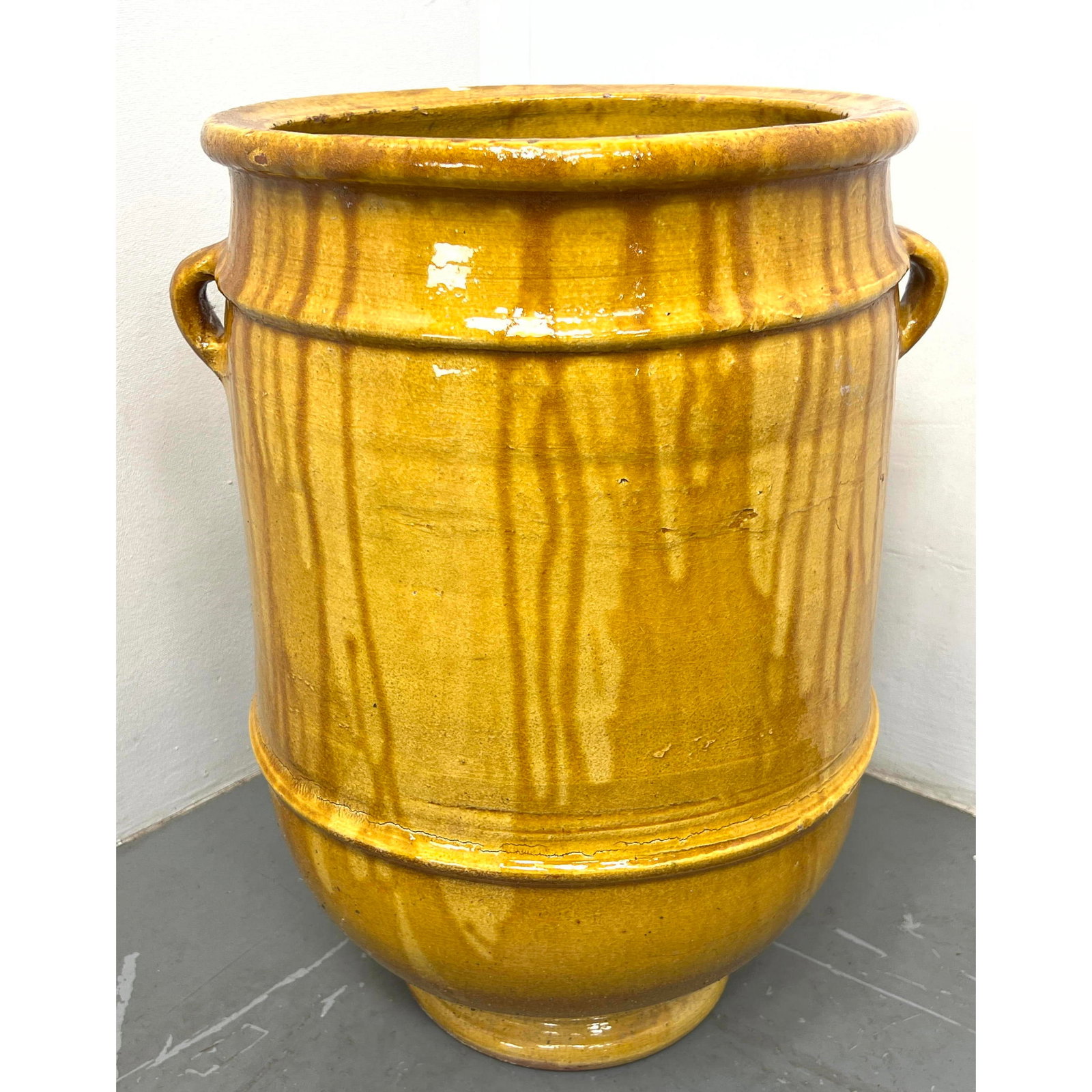 Large Yellow glazed terracotta urn planter. Drip glaze. (1 of 11)