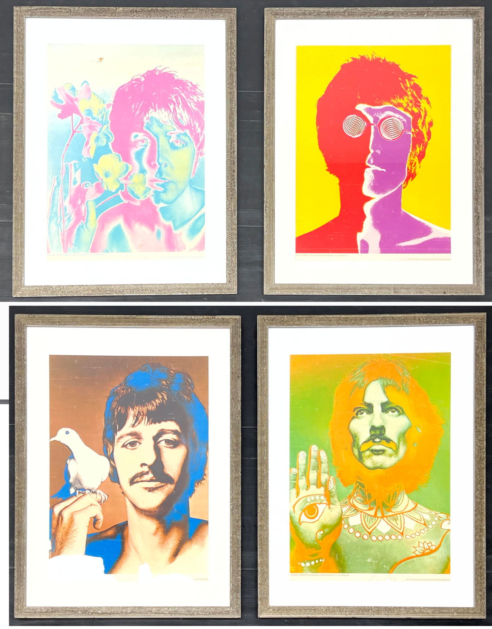 4pc Psychedelic Beatles Framed Posters. John Lennon, Paul McCartney. Ringo Starr. George Harrison. V: 4pc Psychedelic Beatles Framed Posters. John Lennon, Paul McCartney. Ringo Starr. George Harrison. Vintage Richard Avedon. Dimensions: Frame Height: 41 inches, Frame Width: 30.5 inches. - Image Size: