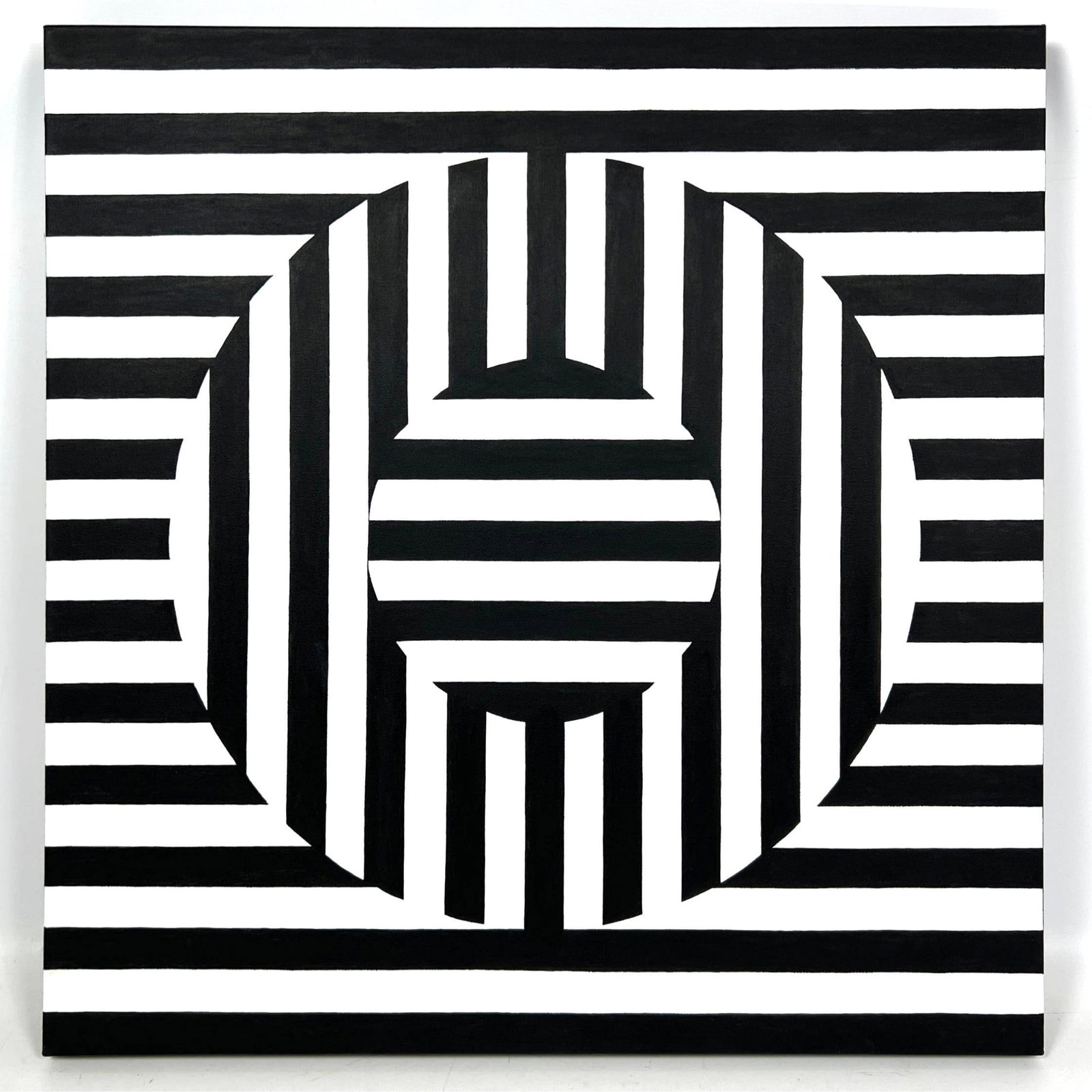 TIM RAY FISHER Acrylic Op Art Painting on Canvas. Black and white stripe.: TIM RAY FISHER Acrylic Op Art Painting on Canvas. Black and white stripe. Dimensions: Height: 24 inches, Width: 24 inches. --- US Packing and Shipping charge: $95 Plus insurance at a rate of $1 per hu
