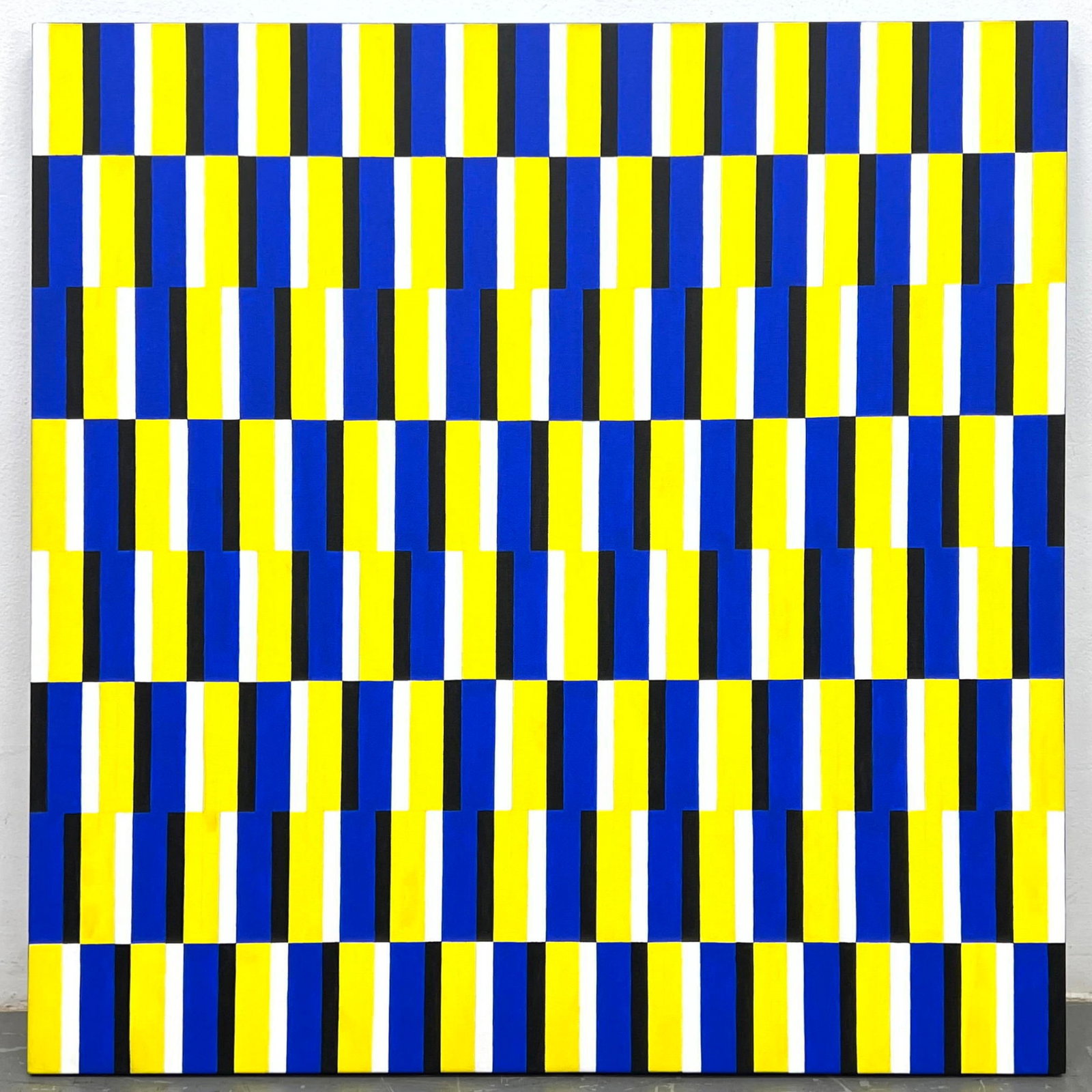 Large TIM RAY FISHER Yellow Blue Op Art Painting. Modernist yellow and blue Painting. Signed.: Large TIM RAY FISHER Yellow Blue Op Art Painting. Modernist yellow and blue Painting. Signed. Dimensions: Height: 36 inches, Width: 36 inches. --- US Packing and Shipping charge: $95 Plus insurance at