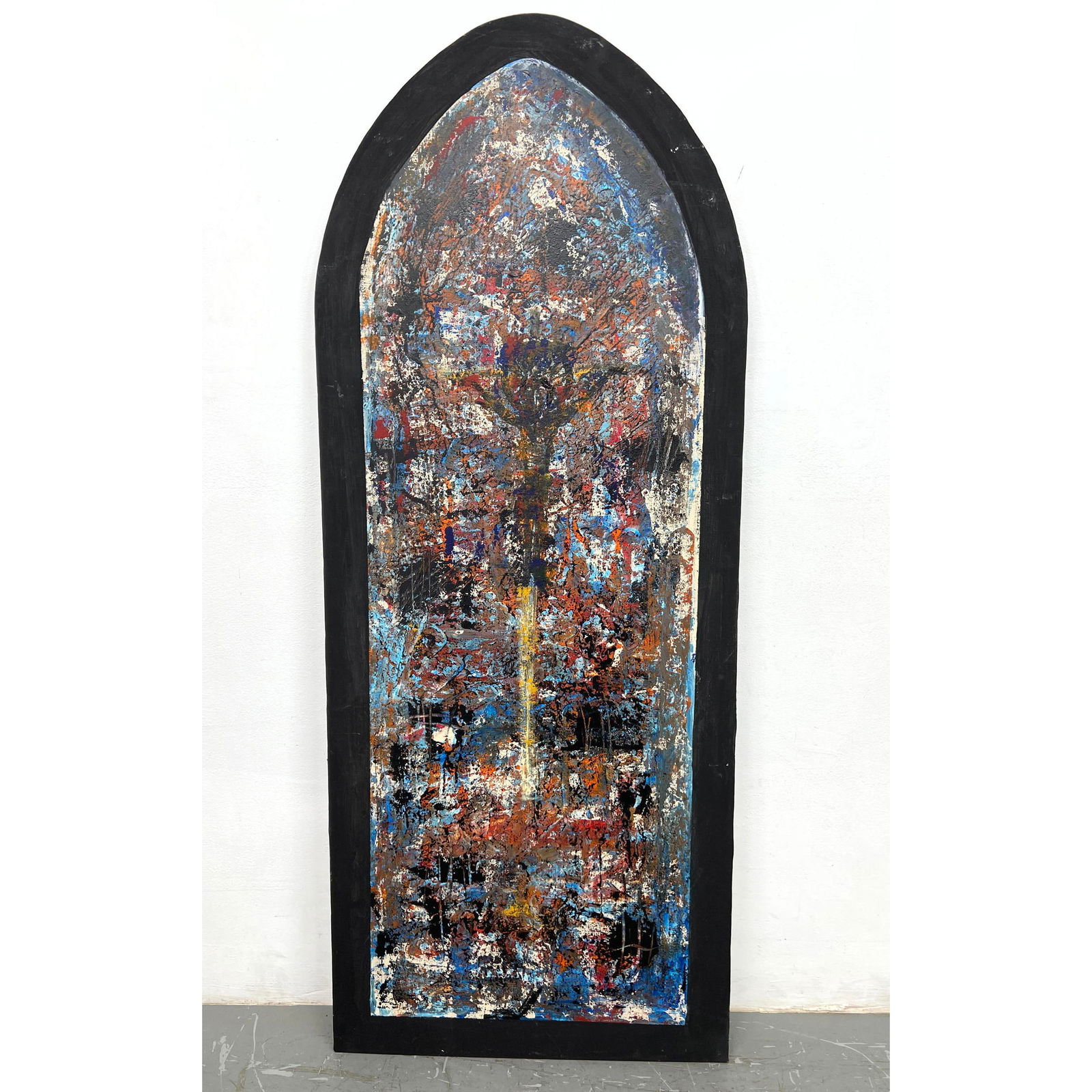 Modernist Crucifix Abstract Painting. DENNIS SAKELSON. Oil on Gothic Arched Top Canvas. Framed. Sign (1 of 5)