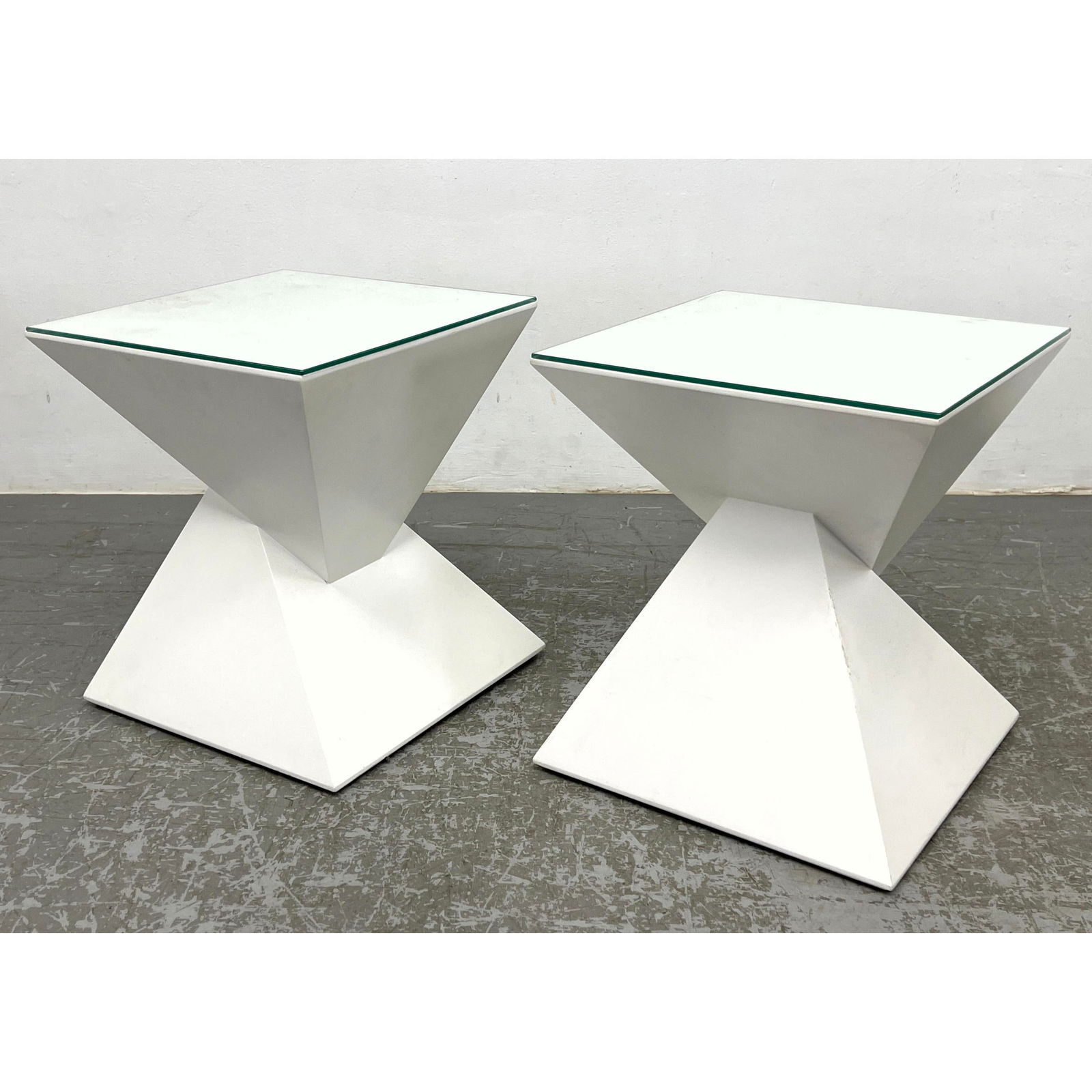 Pr White Composite Stacked Pyramid Side Tables. Each with custom glass top. (1 of 14)