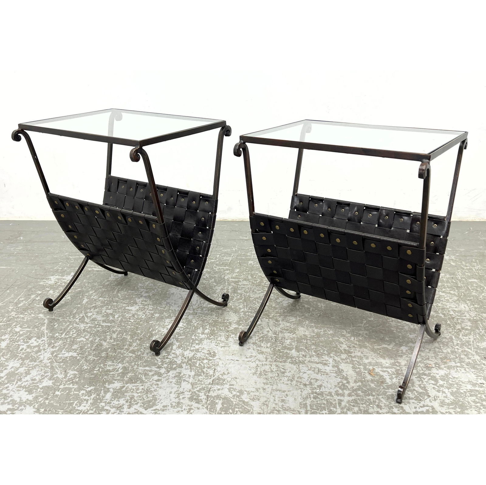 Pair Iron and Leather Strap Side Tables with Glass Tops. (1 of 12)
