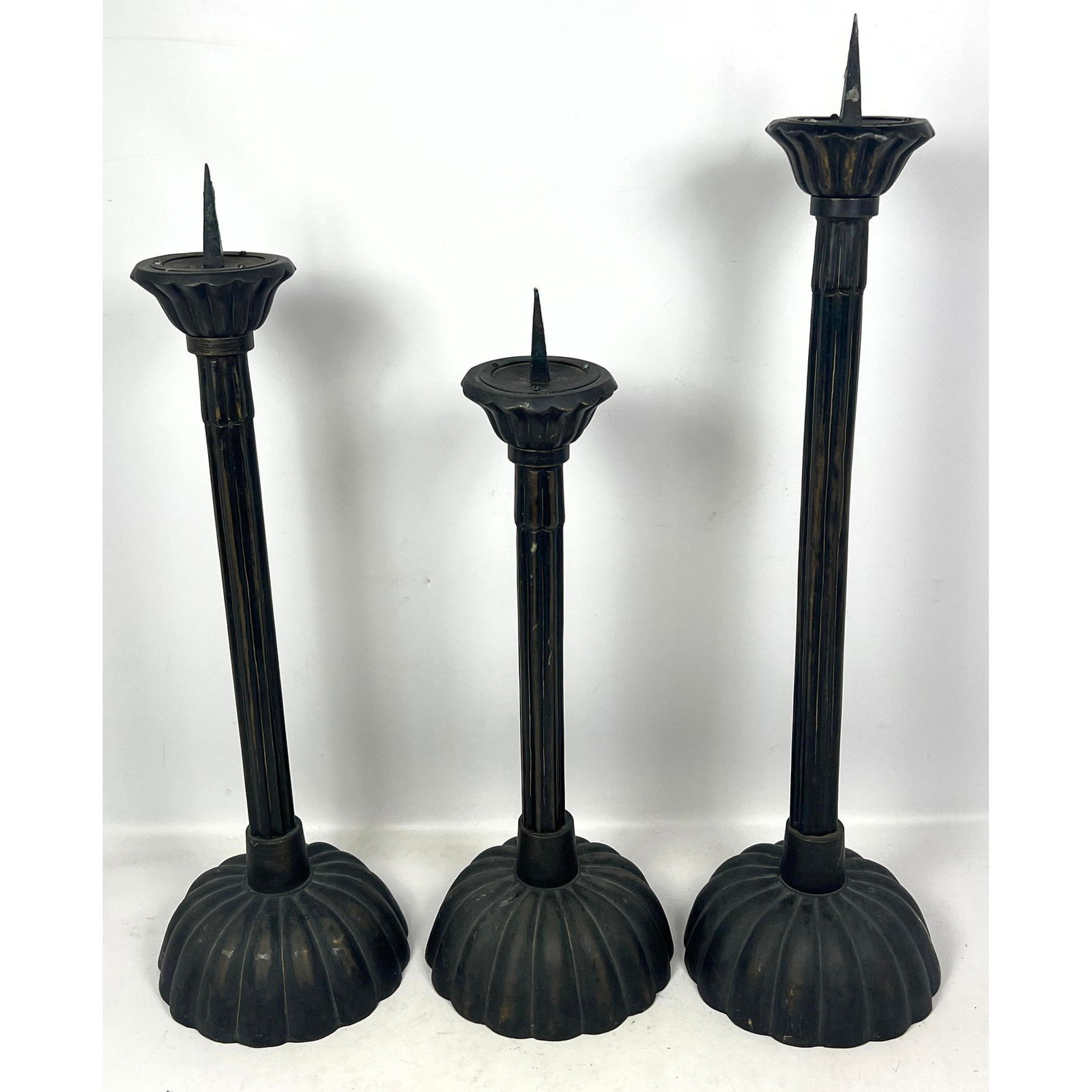 Set 3 Graduated Height Bronze Candlesticks. Melon Form Bases. (1 of 14)