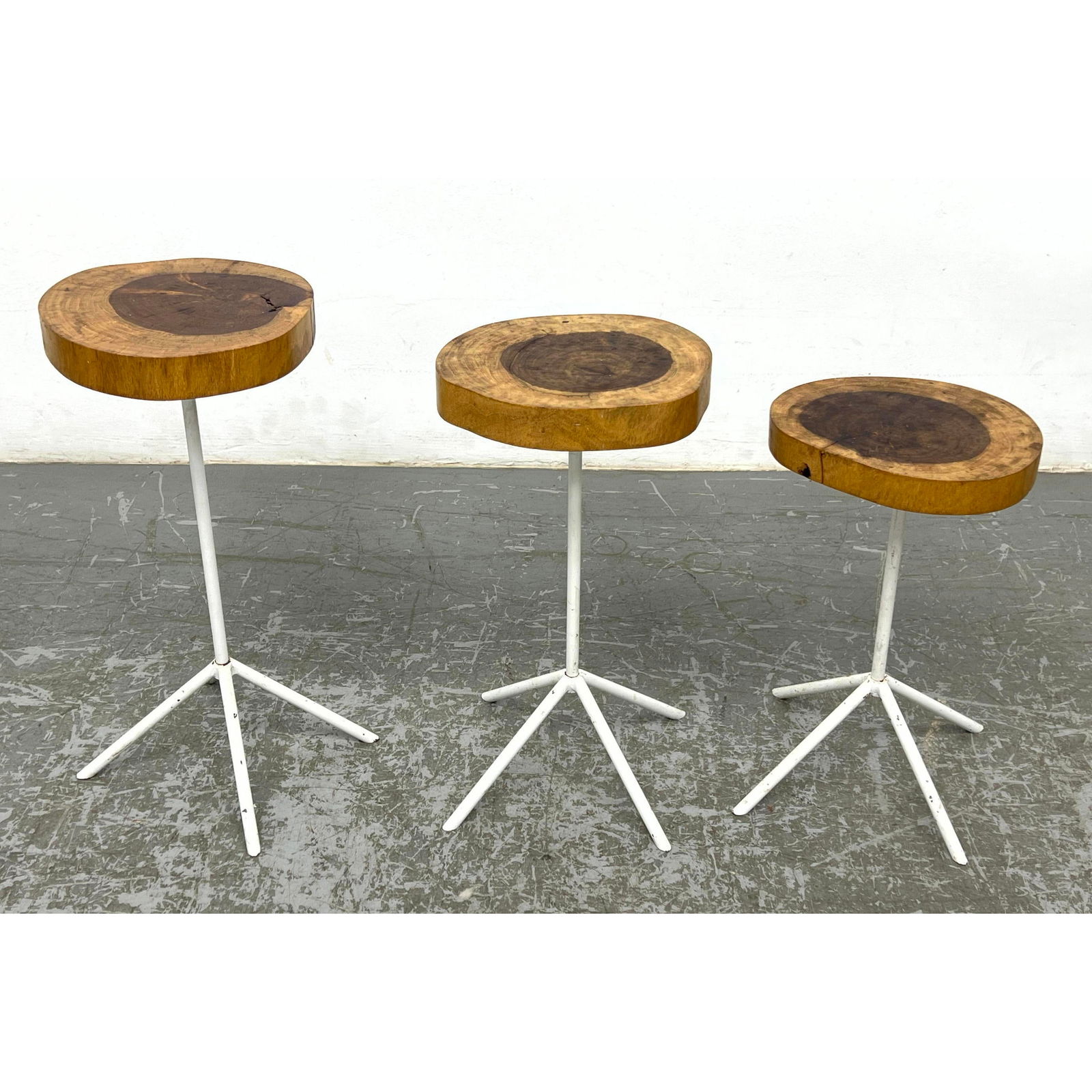 3pc Wood slice metal base drink tables. Unsigned. (1 of 10)