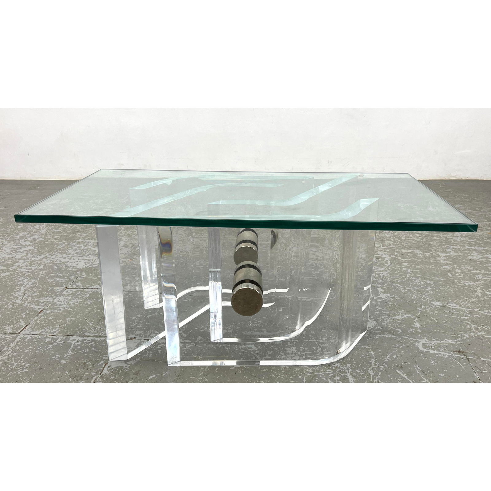 Modernist Lucite and Glass Cocktail Table. Thick Glass Rests on Pair of Heavy Double Lucite "L"s wit (1 of 7)