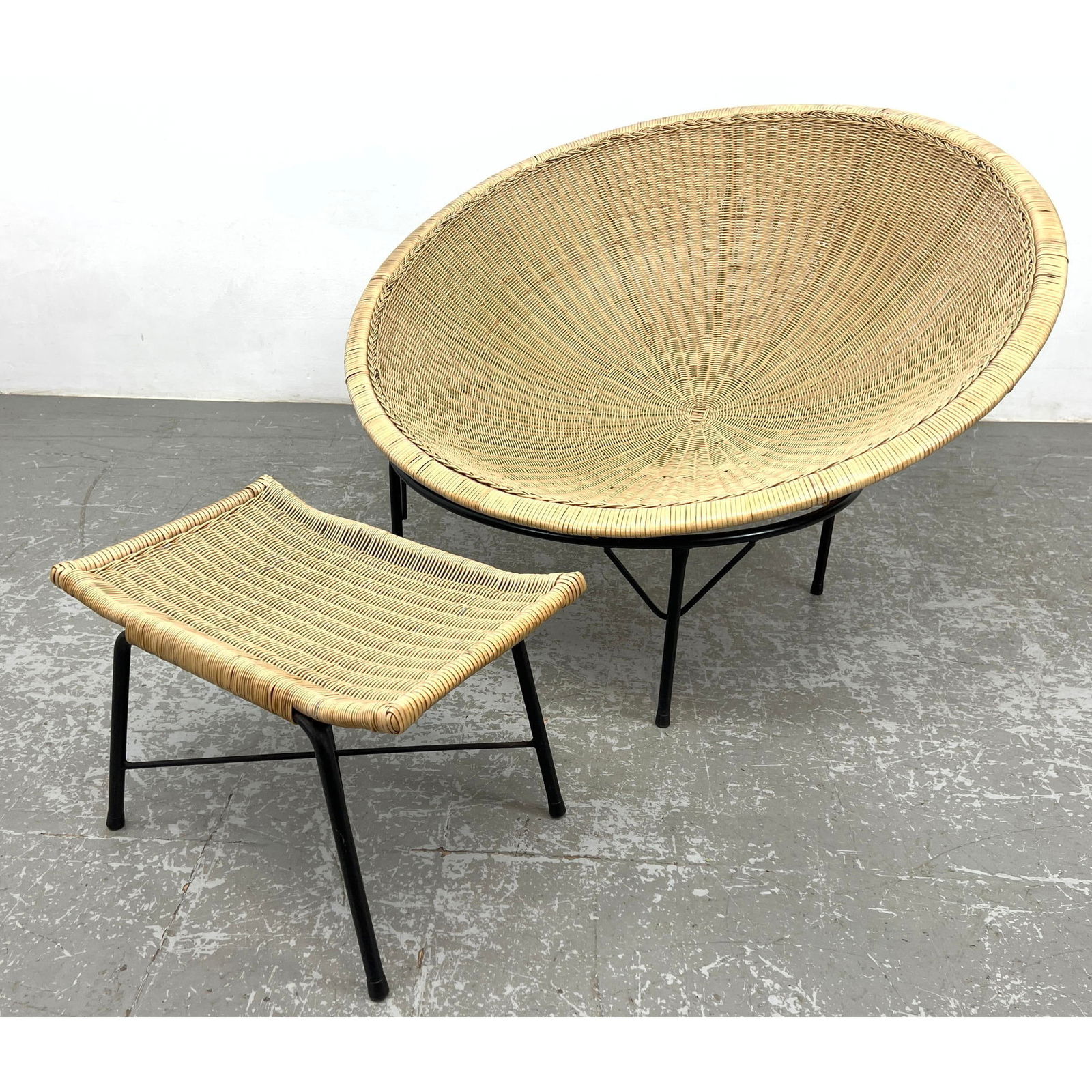 2pc Split Rattan Woven Lounge Chair, Ottoman. Round Hoop style Chair on Black iron Frame. Compliment (1 of 13)