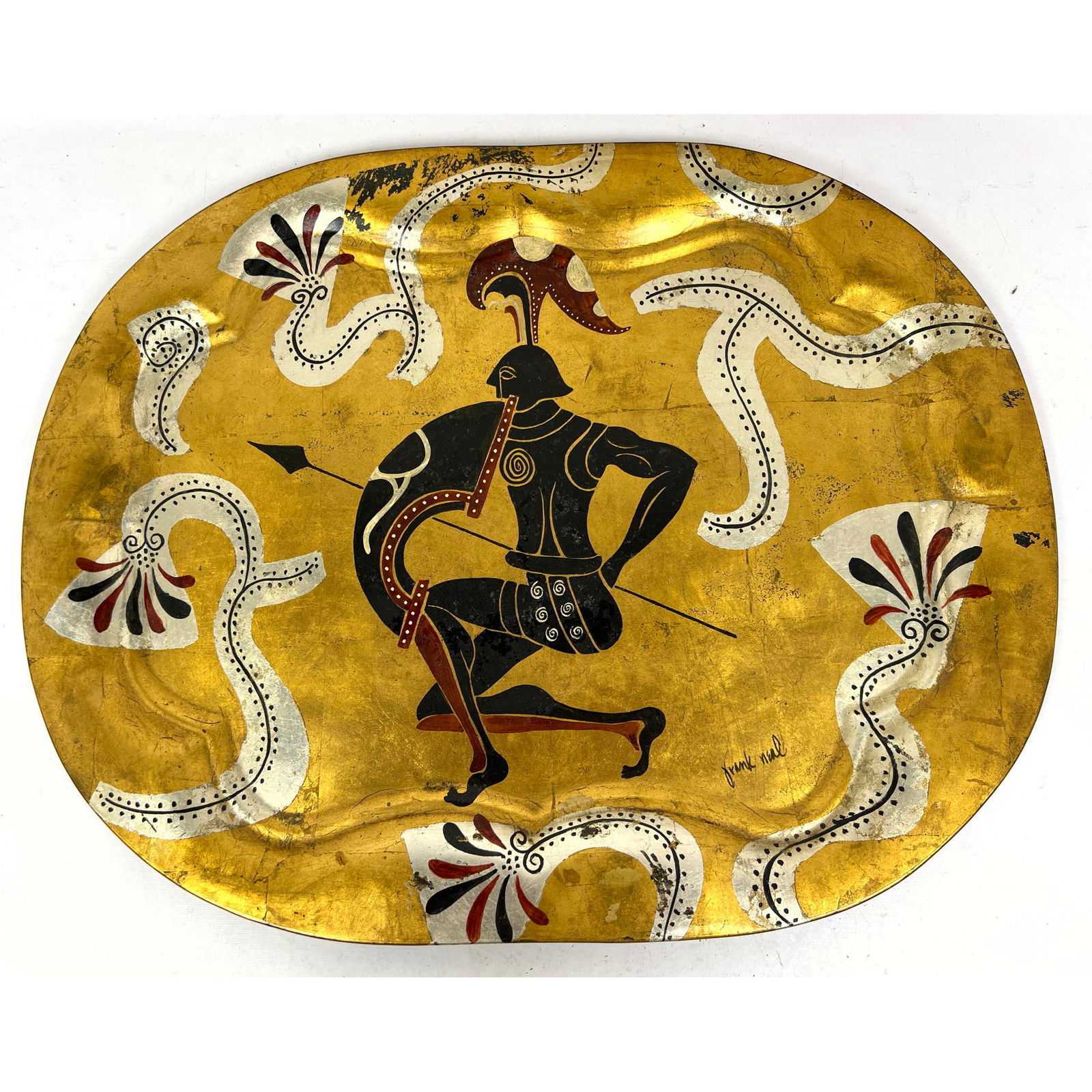 Frank Neal handpainted decorative metal serving tray. Warrior with shield and spear. Signed. (1 of 7)