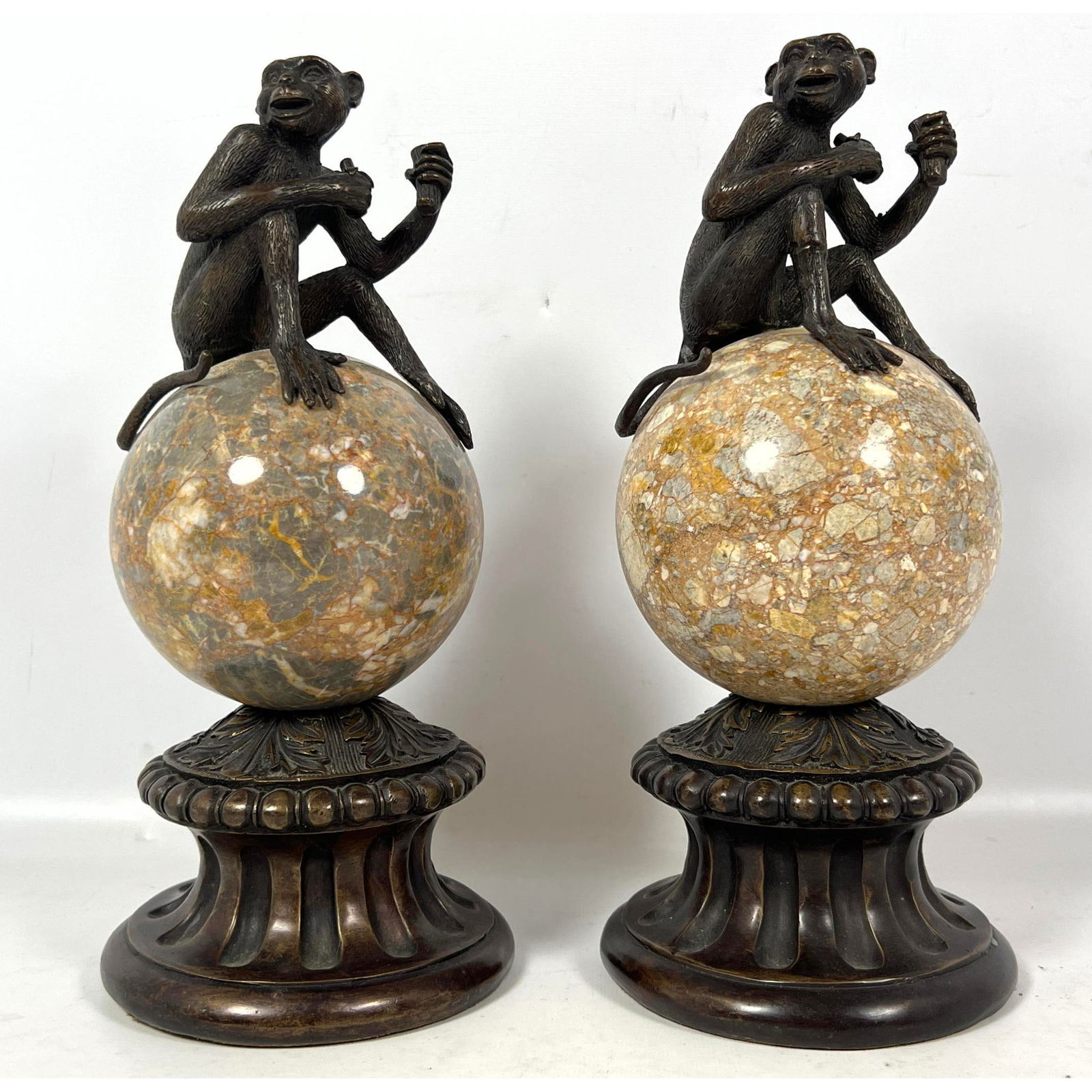Pr THEODORE ALEXANDER bronze Monkey Sculptures. Seated Figural Monkeys on Natural Stone Spheres (1 of 7)
