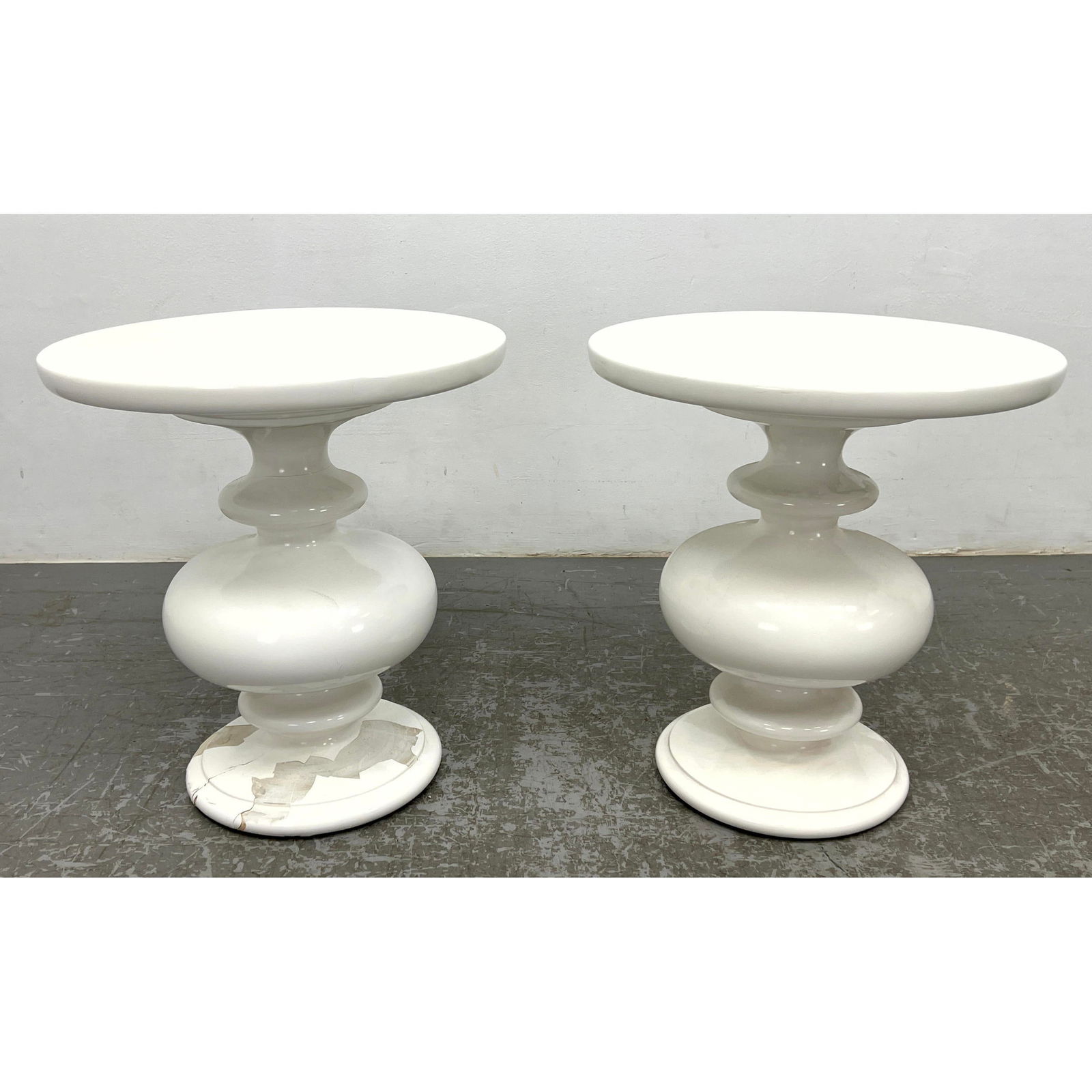 Pr High Gloss White Finish Bulbous Side Tables. Modernist design. (1 of 13)