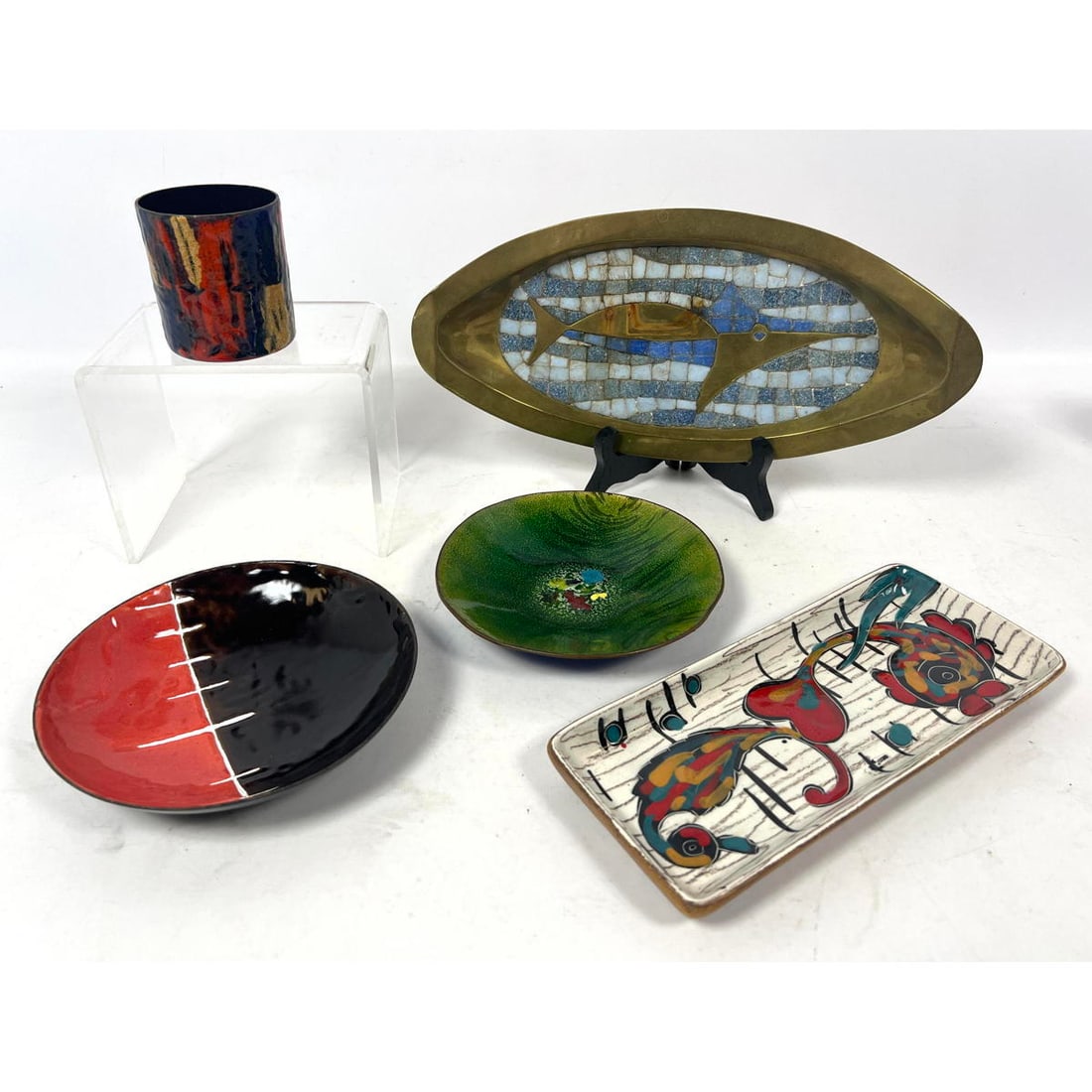 5pcs Lot. Salvador Brass Mosaic Tray, Italian leather and Porcelain Dish, DePoli enamel dish, Vallen (1 of 20)