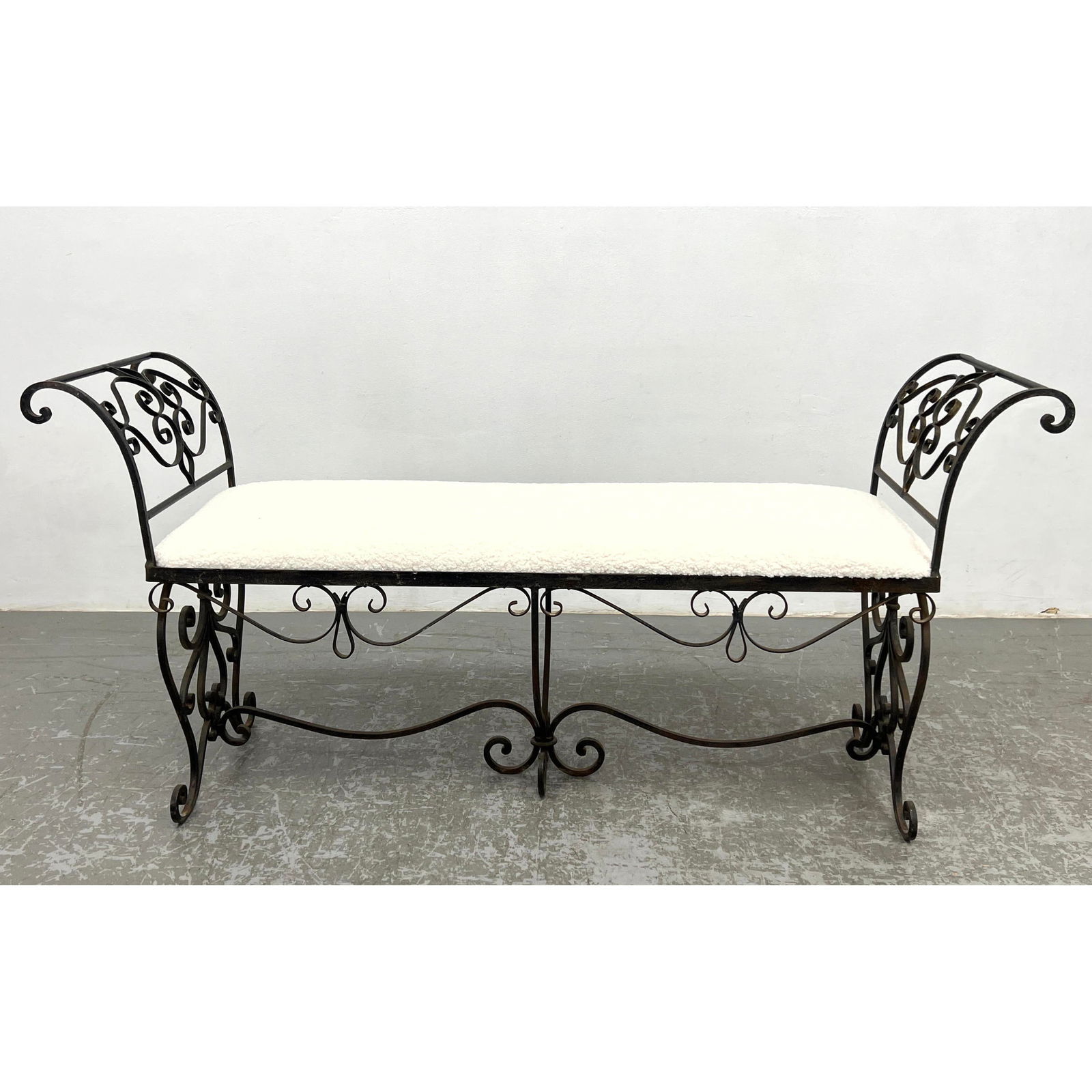 Decorative Wrought iron and boucle Fabric bench (1 of 11)