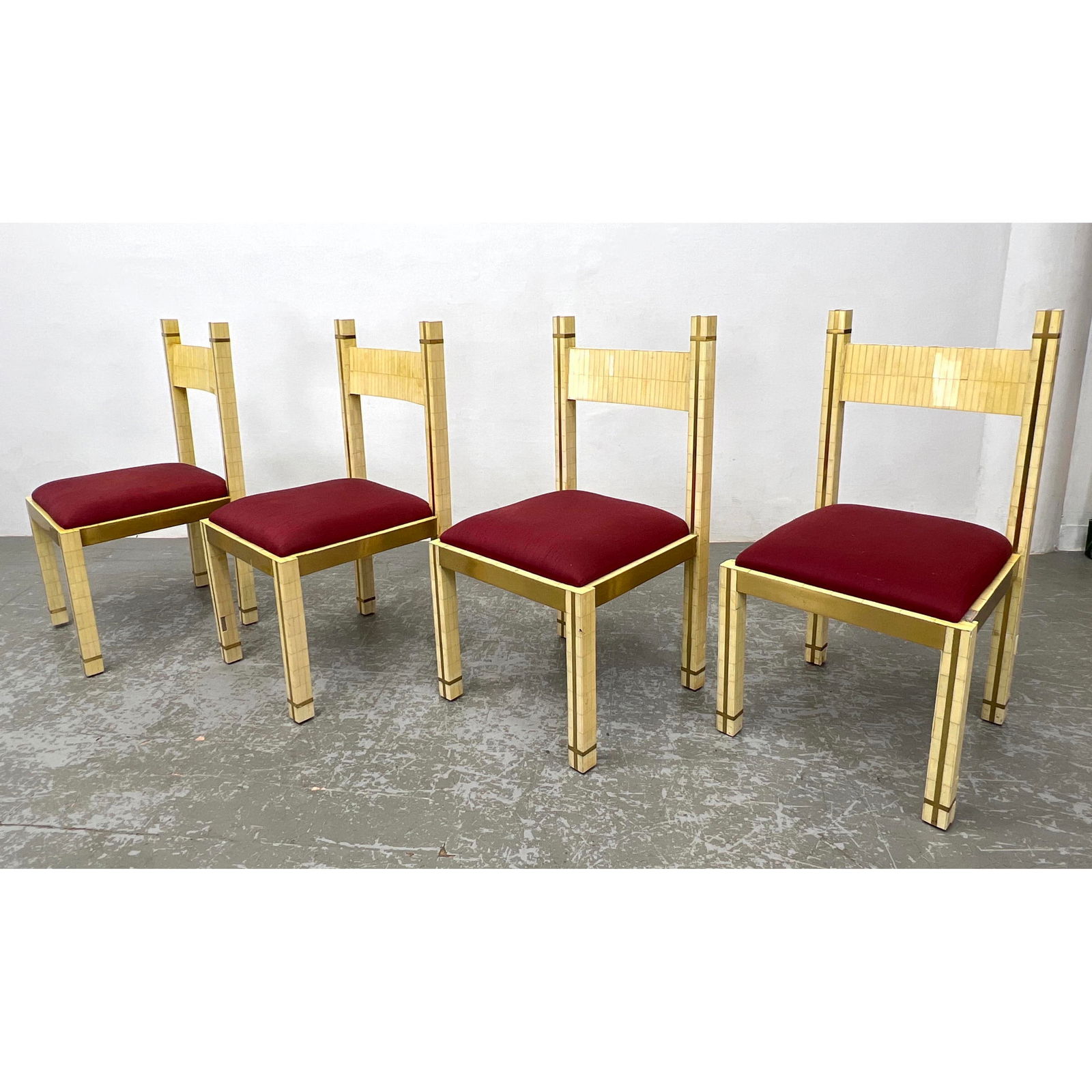 Set 4 Enrique Garcel style Tesserae, Brass Trim Side Chairs. Brass inlay/ tile: Set 4 Enrique Garcel style Tesserae, Brass Trim Side Chairs. Brass inlay/ tile Dimensions: Height: 37.5 inches, Width: 19 inches, Depth: 19.75 inches. - Seat Height: 18.5 inches --- - - We offer curbs