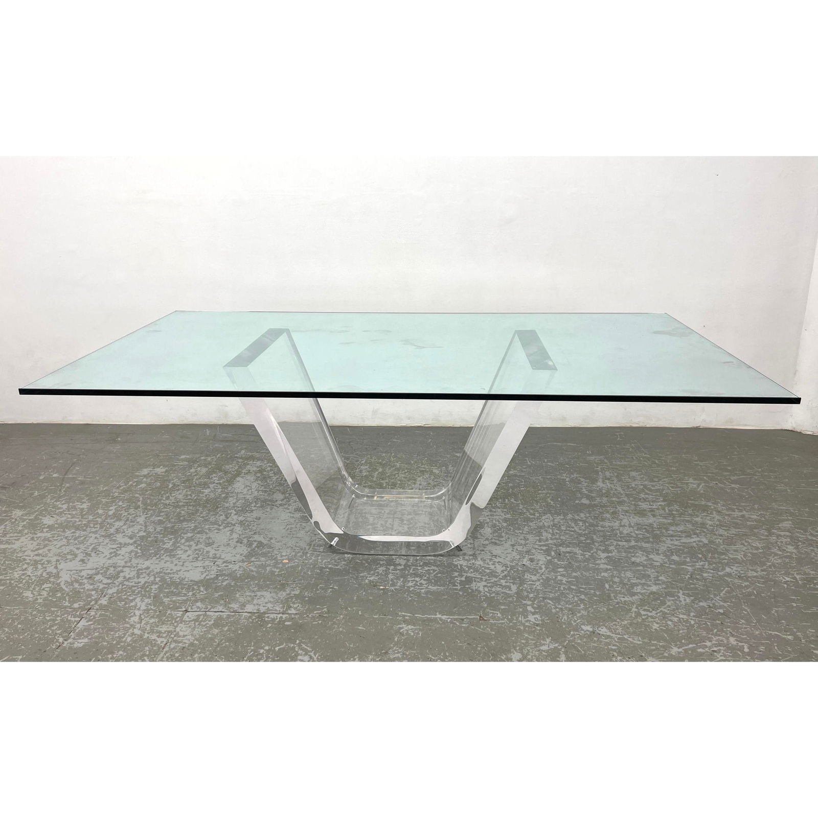 Large Modernist Glass Top Lucite Base Dining Table. V form thick Lucite base. Prismatique style. (1 of 11)