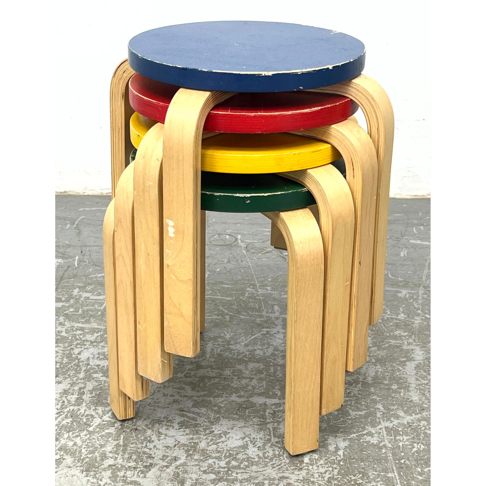 Set 4 Primary Colors Alvar Aalto style Stools. Laminated Wood. Stacking. Artek style. Playroom. Chil (1 of 13)