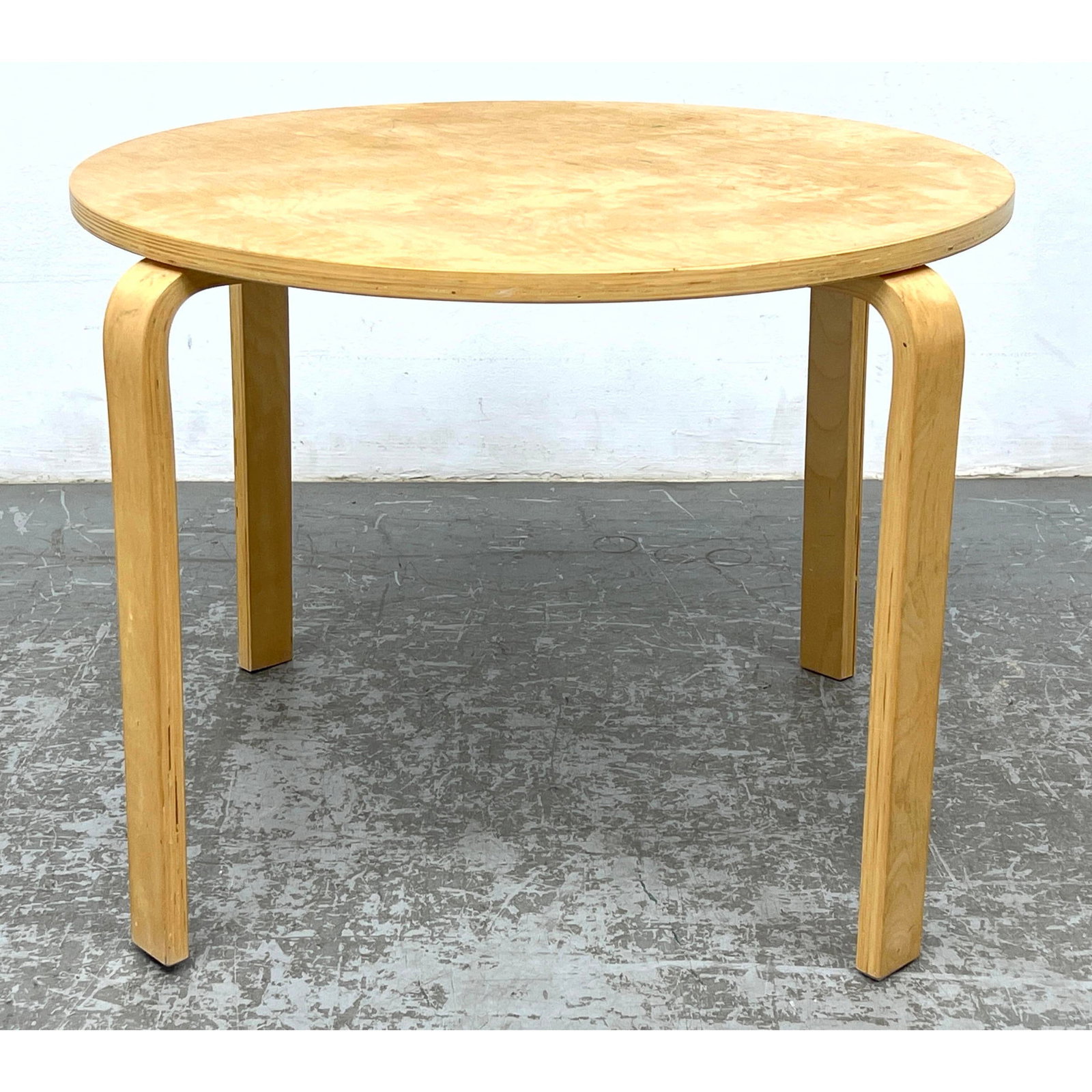 GUIDECRAFT Round Table. Laminated Wood Aalto style Legs. Metal Label.: GUIDECRAFT Round Table. Laminated Wood Aalto style Legs. Metal Label. Dimensions: Height: 20.75 inches, Width: 30 inches, Depth: 30 inches. --- - - We offer curbside delivery for most items to NYC, Ma