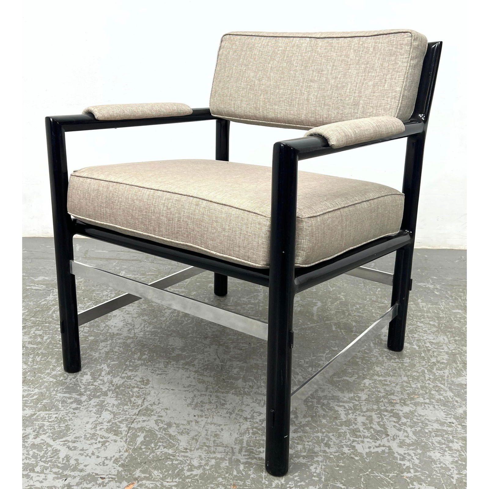 EDWARD WORMLEY for DUNBAR Arm Lounge Chair.  Ebonized Frame with Aluminum Stretchers and Trim. Neutr (1 of 11)
