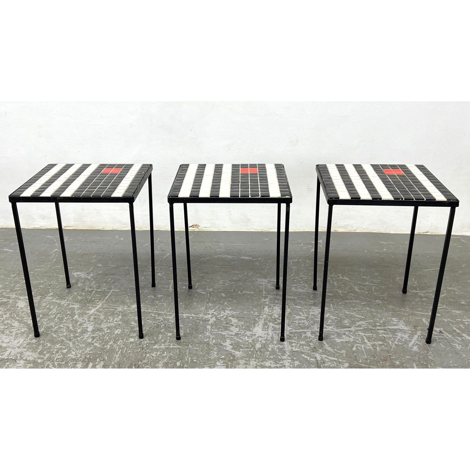 Set 3 Iron Frame Mosaic tile Tables. Modernist Side Tables with black, white and red tiles. (1 of 11)