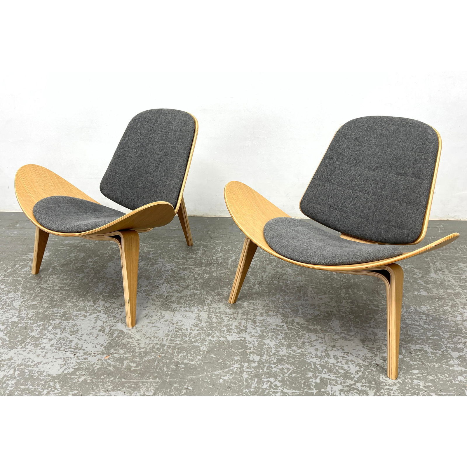 Pr Hans Wegner style Shell style Lounge Chairs. 1st Pair. Laminated plywood frames with upholstered (1 of 12)