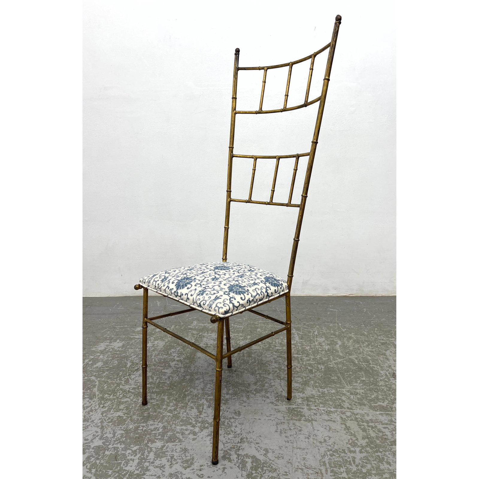 Italian Gilt Metal Faux Bamboo Tall Back Side Chair: Italian Gilt Metal Faux Bamboo Tall Back Side Chair Dimensions: Height: 48 inches, Width: 17 inches, Depth: 18 inches. - Seat Height: 18 inches --- - - We offer curbside delivery for most items to NYC