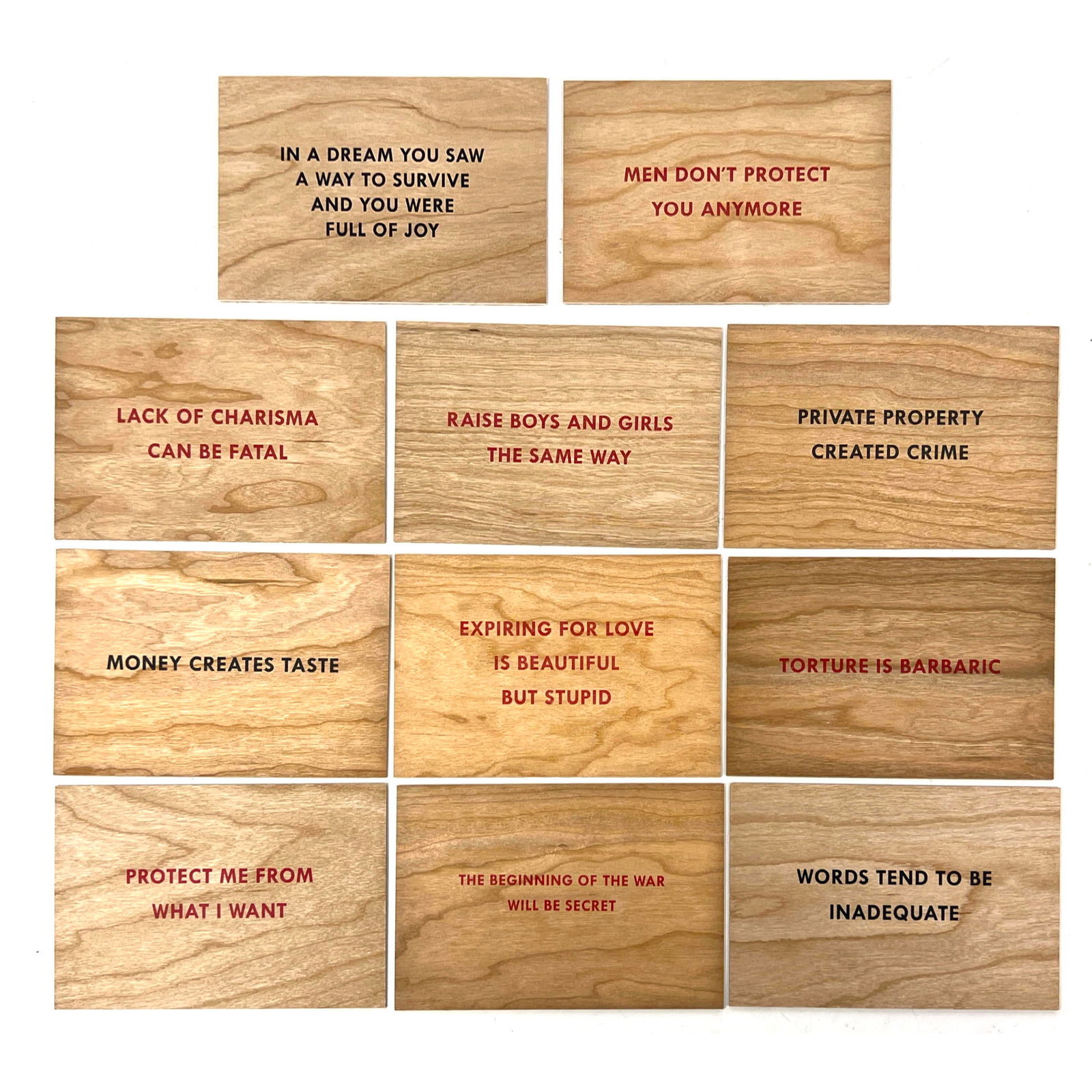 11 pc JENNY HOLZER Truisms Wood Cards with Artist's Quotes. Reverse with address lines and postage s: 11 pc JENNY HOLZER Truisms Wood Cards with Artist's Quotes. Reverse with address lines and postage square. Not Signed Dimensions: Height: 6 inches, Width: 4 inches. --- US Packing and Shipping charge: