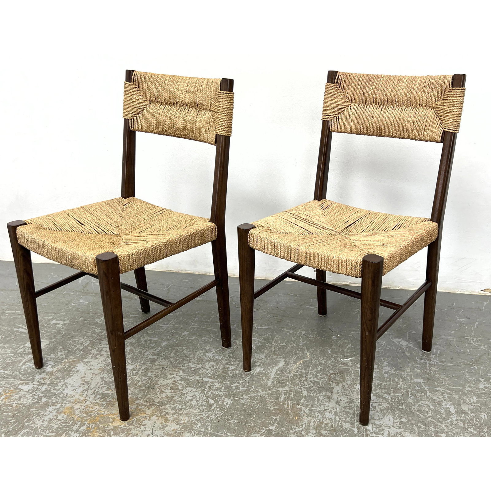 Pair Charlotte Perriand style Serena and Lily Portside Side Chairs: Pair Charlotte Perriand style Serena and Lily Portside Side Chairs Dimensions: Height: 34.5 inches, Width: 17.5 inches, Depth: 17 inches. - Seat Height: 18.5 inches --- - - We offer curbside delivery 