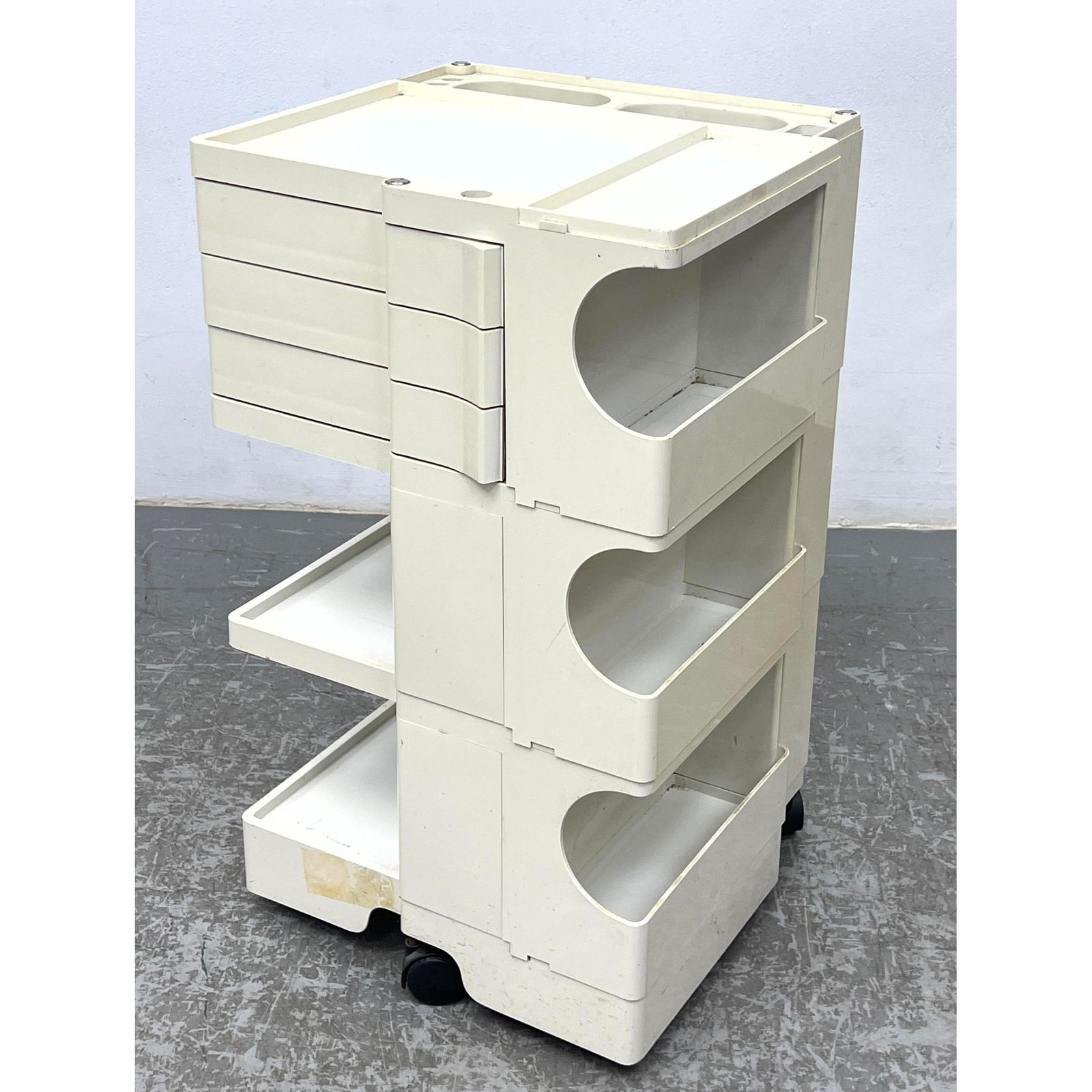 Joe Colombo Bobby Cart. White plastic. Rolls on Casters. Marked. (1 of 13)