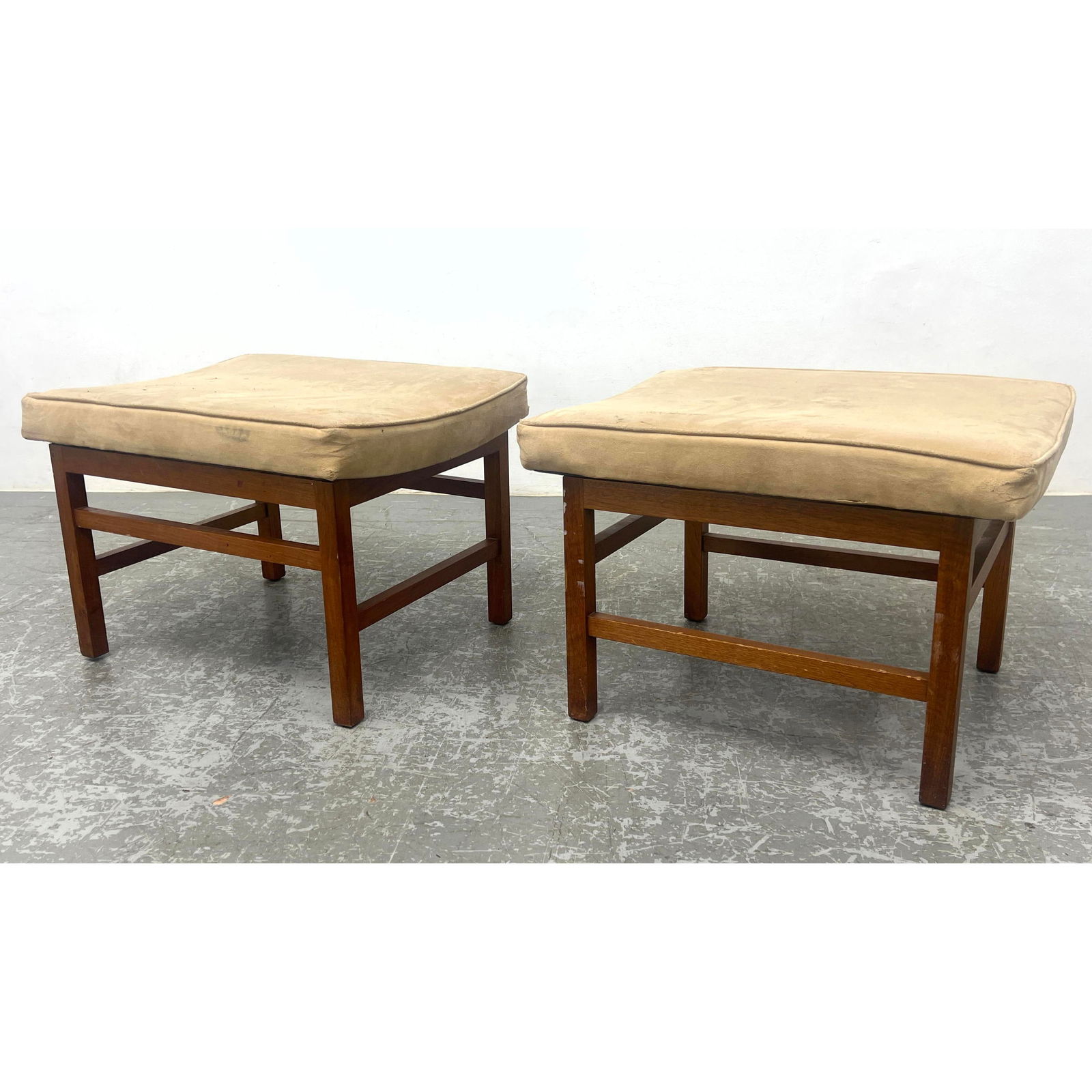 Pair Jens Risom Style Stool Benches. Curved tops. Stretcher bases. (1 of 13)