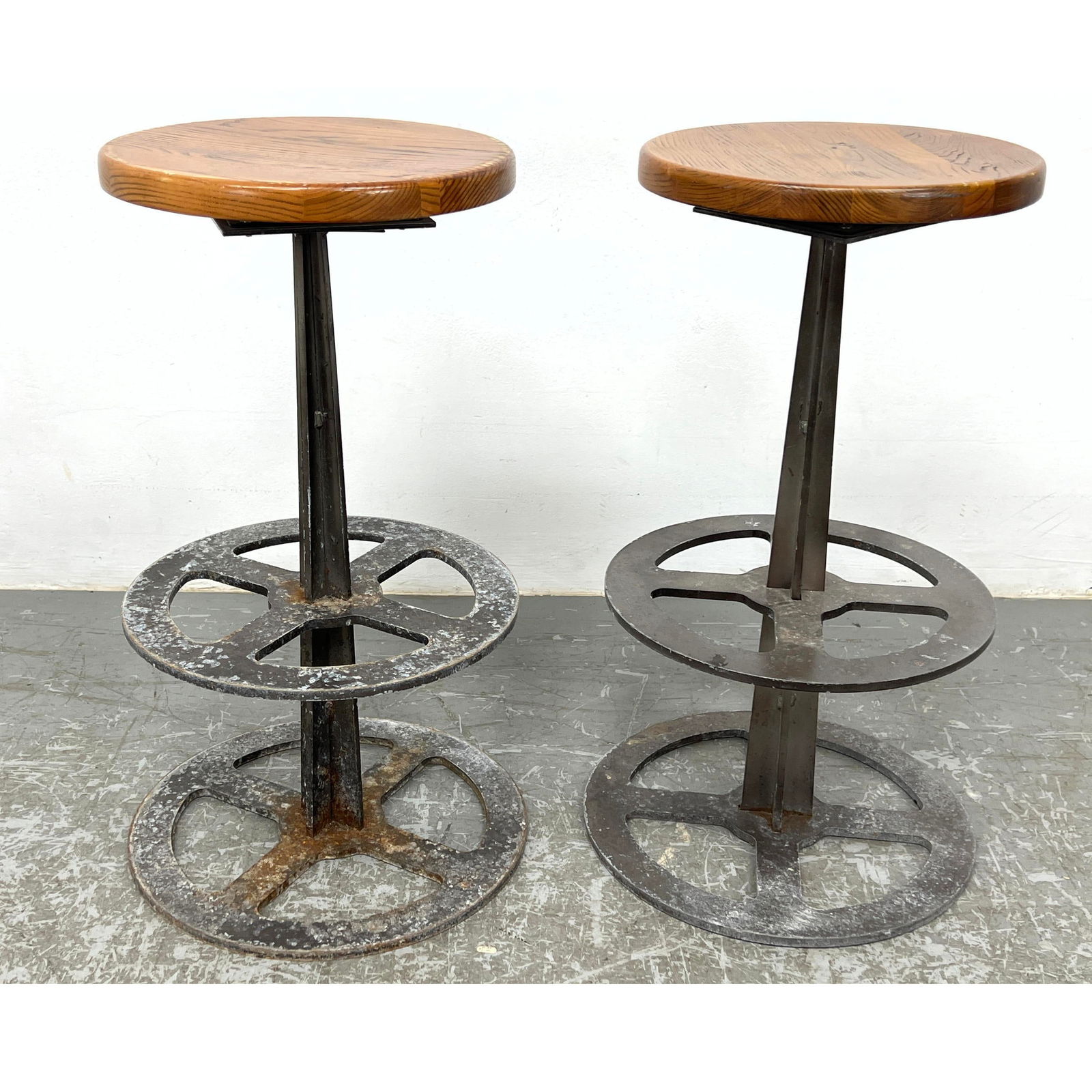 Pair  Industrial Style Heavy Iron Base Wood Seat Barstools.  Draftsmen stools with foot rest. Swivel (1 of 11)