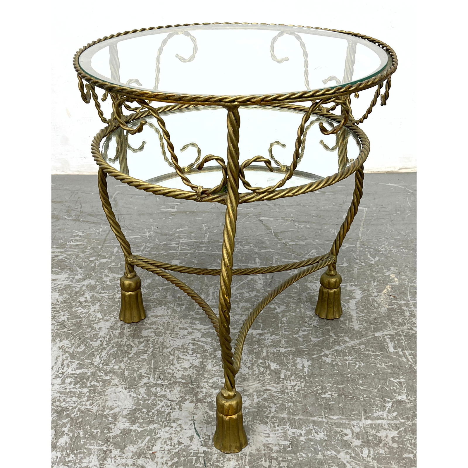 Decorator Italian Tassel and Rope Motif Side Table with Glass Top and Mirror Shelf. Gilt metal. (1 of 9)