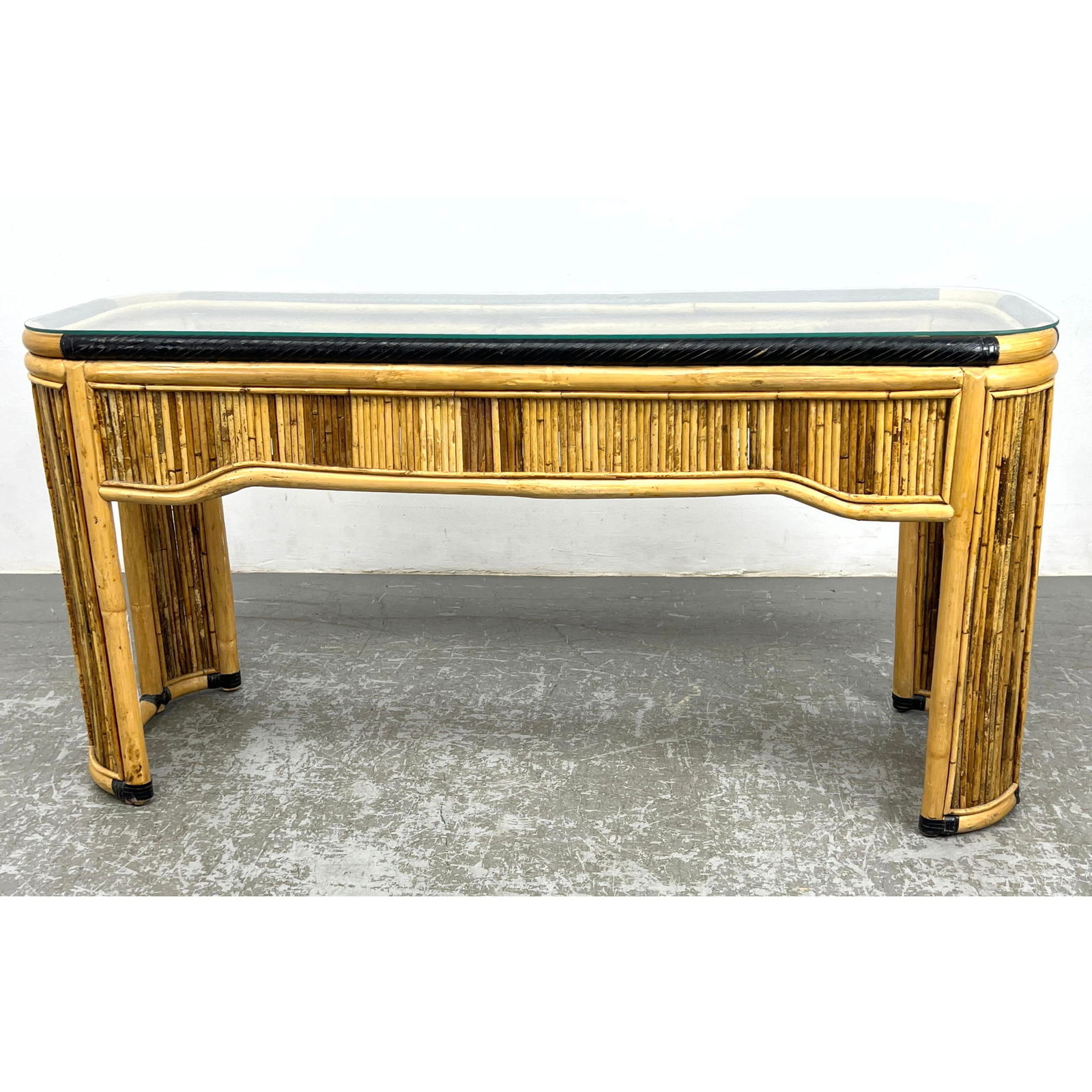 Designer Rattan and Bamboo Console Table. Hall Table with Glass Top. Top frame wrapped in black acce (1 of 8)