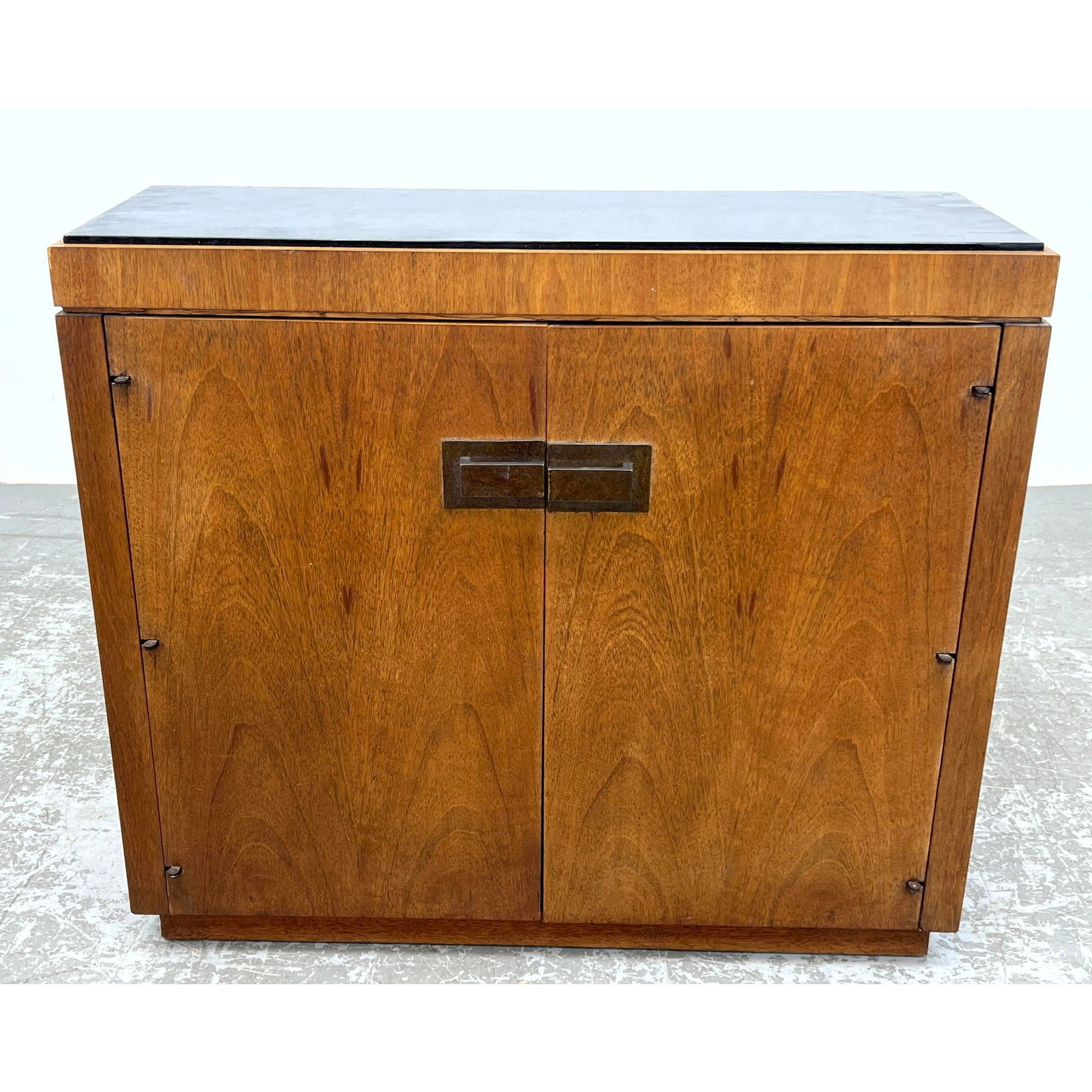 Narrow Two Door Modernist Storage Cabinet.  Black Glass Top. Metal Moderne Pulls. Platform base. (1 of 11)