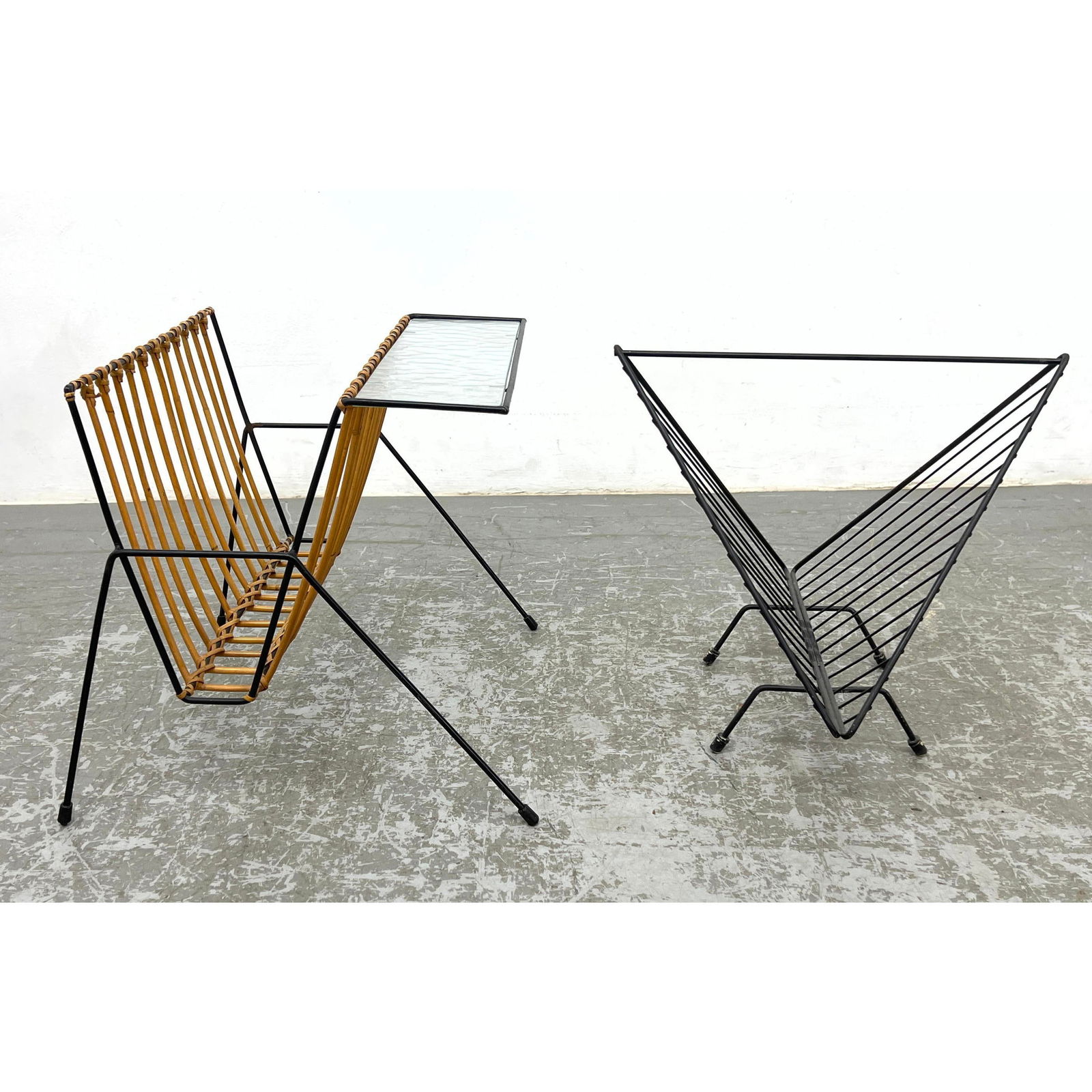 2pc Stylish Black Iron Modernist Magazine racks. One has wrapped rattan. (1 of 8)