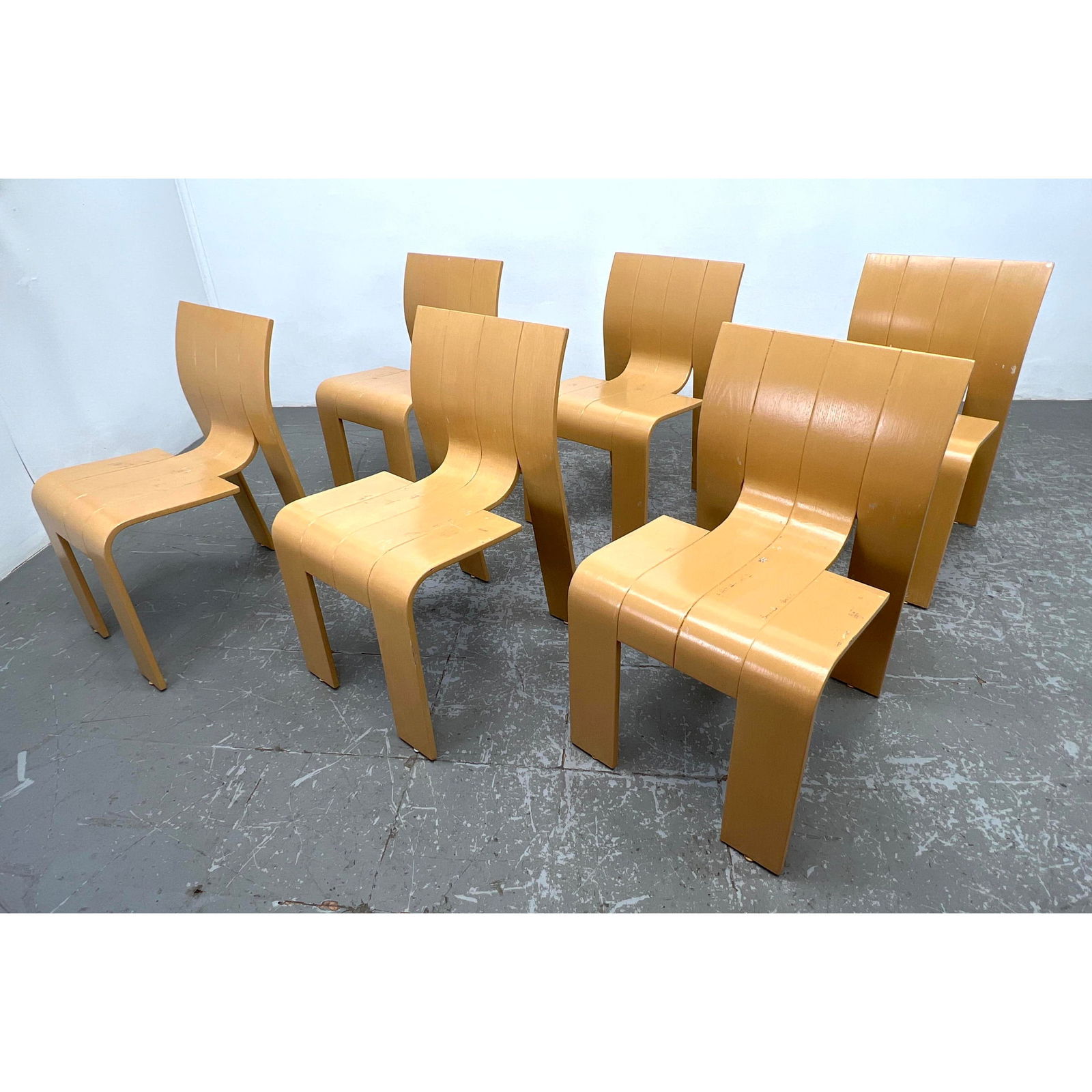 Set of six vintage Molded Wood STRIP dining chairs by Gijs Bakker for Castelijn. 1970s: Set of six vintage Molded Wood STRIP dining chairs by Gijs Bakker for Castelijn. 1970s Dimensions: Height: 30.25 inches, Width: 17.5 inches, Depth: 20.5 inches. - Seat Height: 17 inches --- - - We off