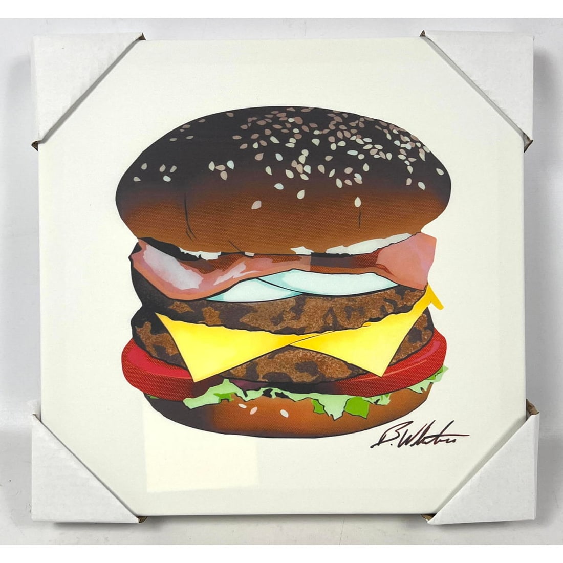 Brett Whitacre 45/200 Print on Canvas. Barcelona Burger.: Brett Whitacre 45/200 Print on Canvas. Barcelona Burger. Dimensions: Height: 13 inches, Width: 13 inches, Depth: 2 inches. --- US Packing and Shipping charge: $45 Plus insurance at a rate of $1 per hu
