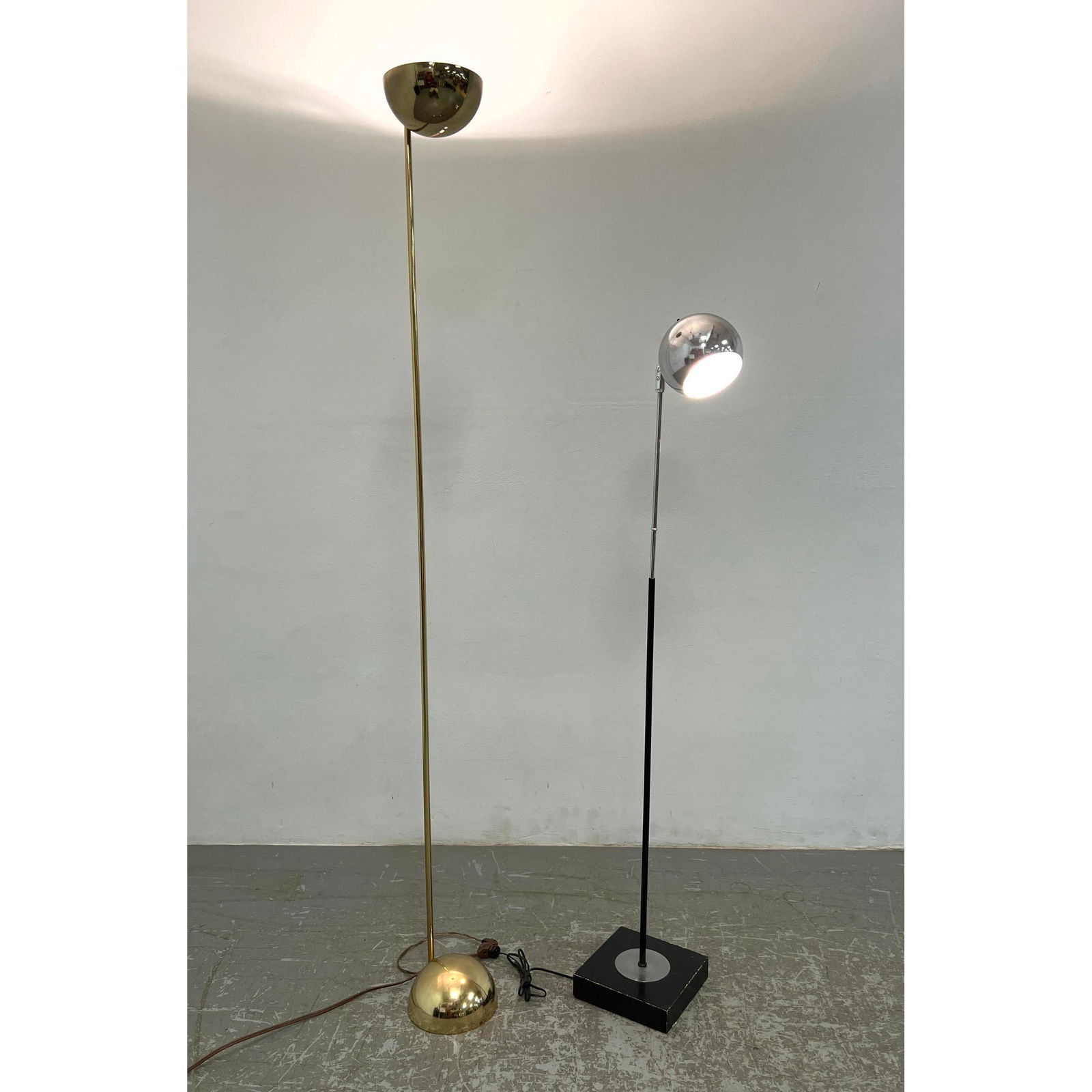 2pcs Floor Lamps. Robert Sonneman Tall Brass Floor Lamp and Chrome Ball Lamp on Black base: 2pcs Floor Lamps. Robert Sonneman Tall Brass Floor Lamp and Chrome Ball Lamp on Black base Dimensions: Height: 68.5 inches, Width: 7 inches, Depth: 7 inches. - Additional Dimensions: Smaller H: 51 inc