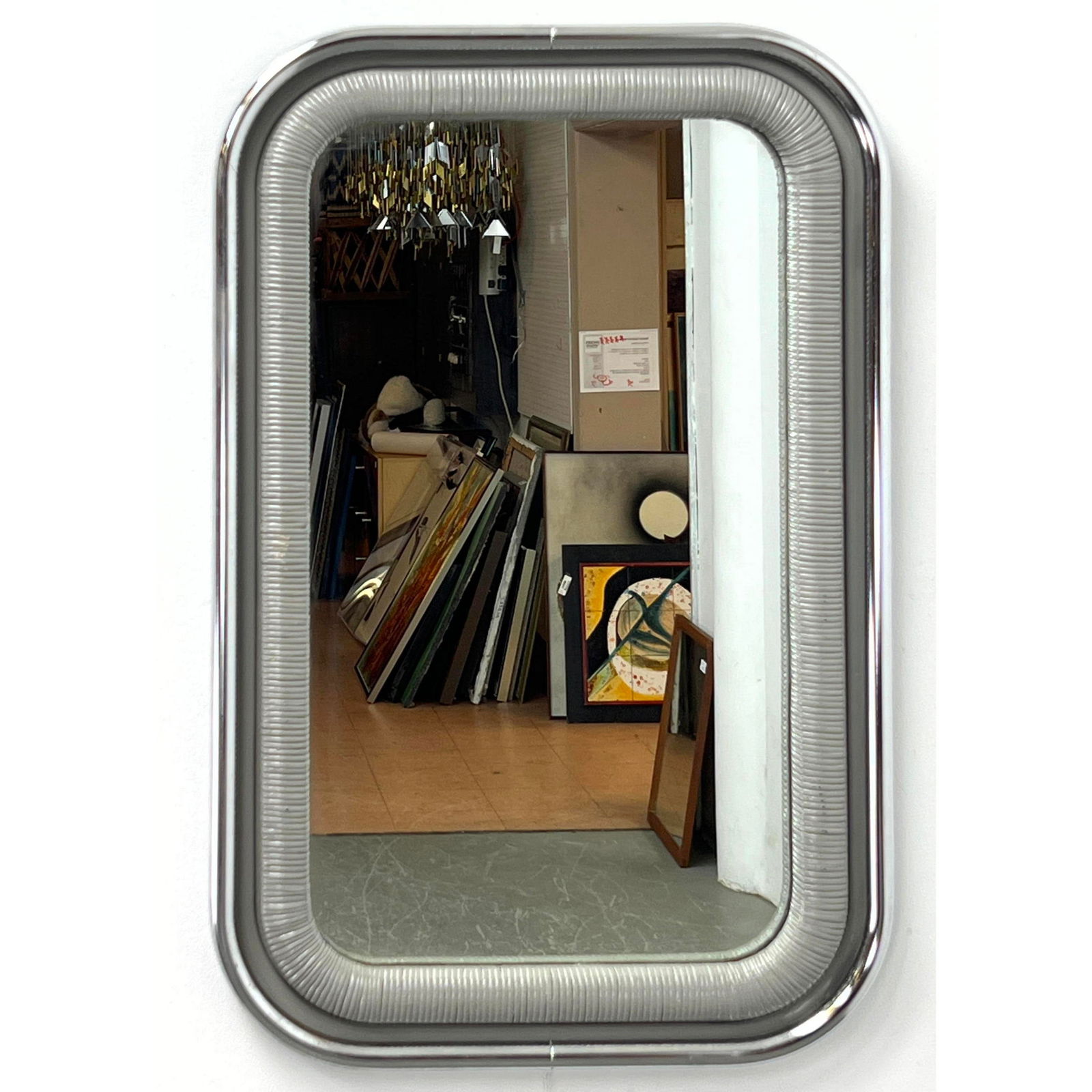 Post Modern Chrome Framed Wall Mirror. Interior Gray Rattan Frame. (1 of 6)
