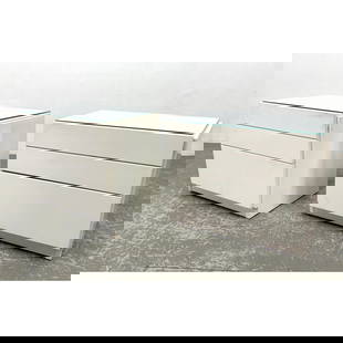 Pair Lane Furniture White Lacquered Side End Tables with Glass Top and three drawers: Pair Lane Furniture White Lacquered Side End Tables with Glass Top and three drawers Dimensions: Height: 21 inches, Width: 26 inches, Depth: 17.25 inches. --- - - We offer curbside delivery for most i