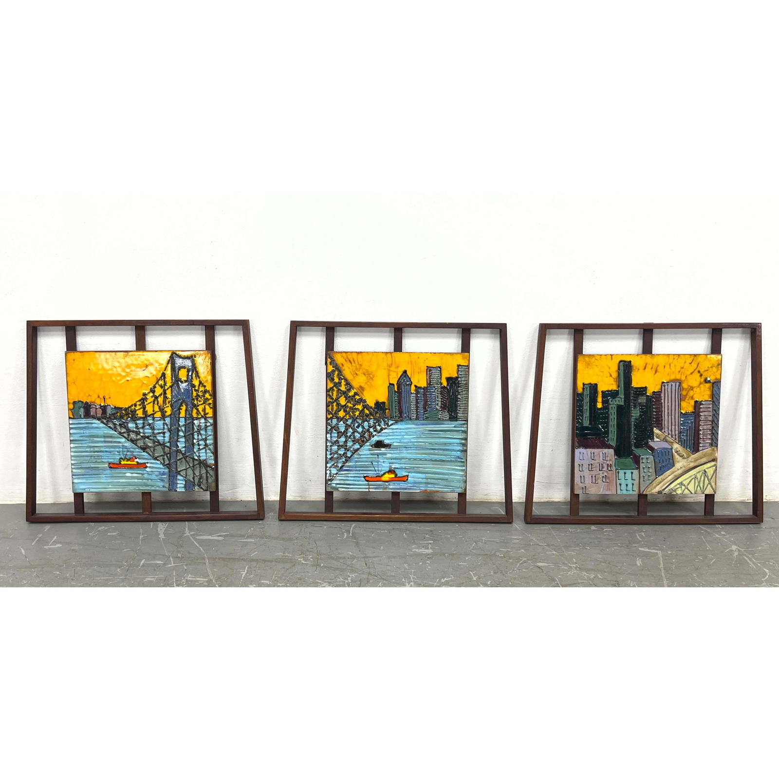 3pc HARRIS STRONG Glazed Pottery Tiles. 3 Urban Themed Tiles with City Skyscraper and Bridge Images. (1 of 10)