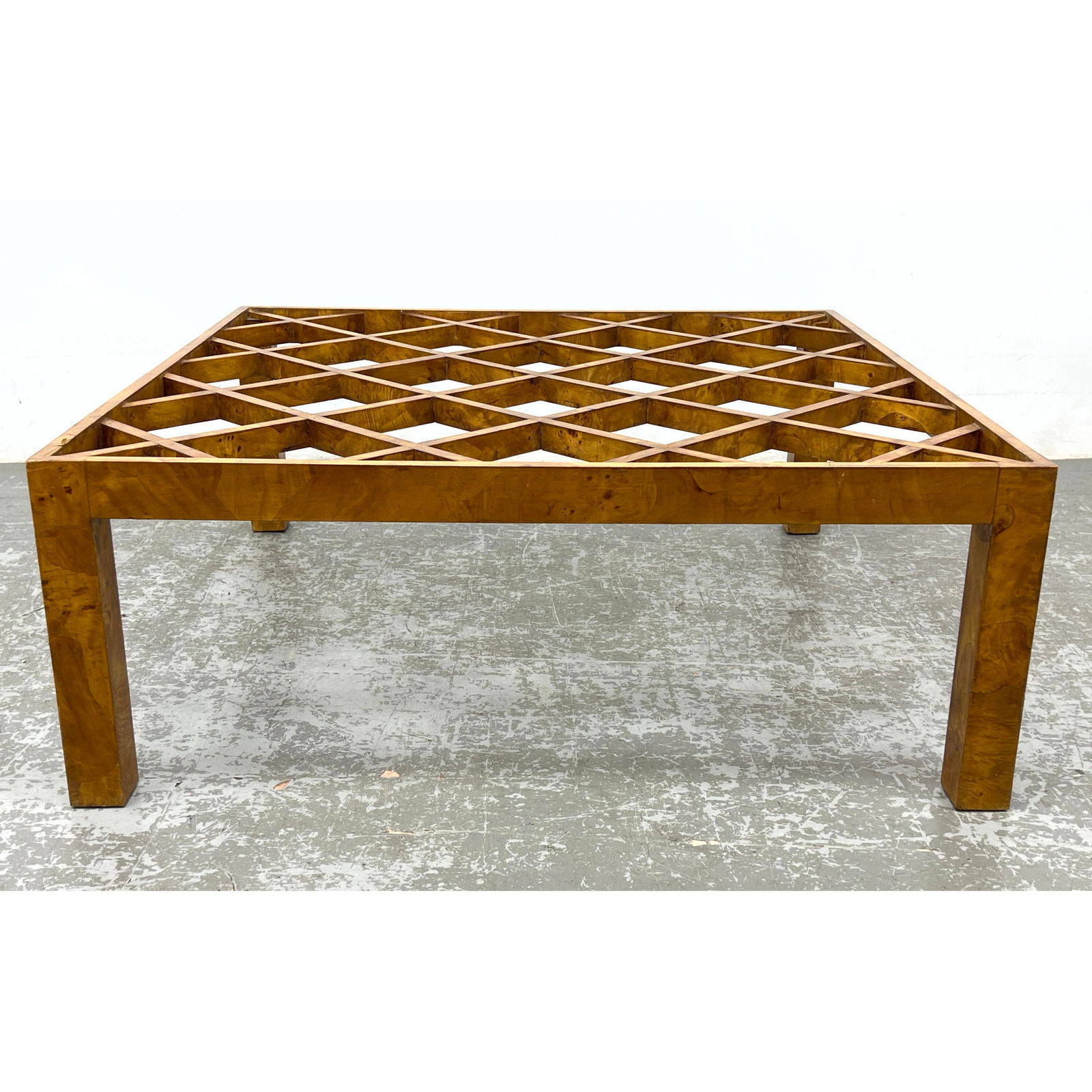Burl Wood Lattice Design Coffee Table. Modernist Square Top on Square Legs. No Glass. Parzinger Styl (1 of 7)