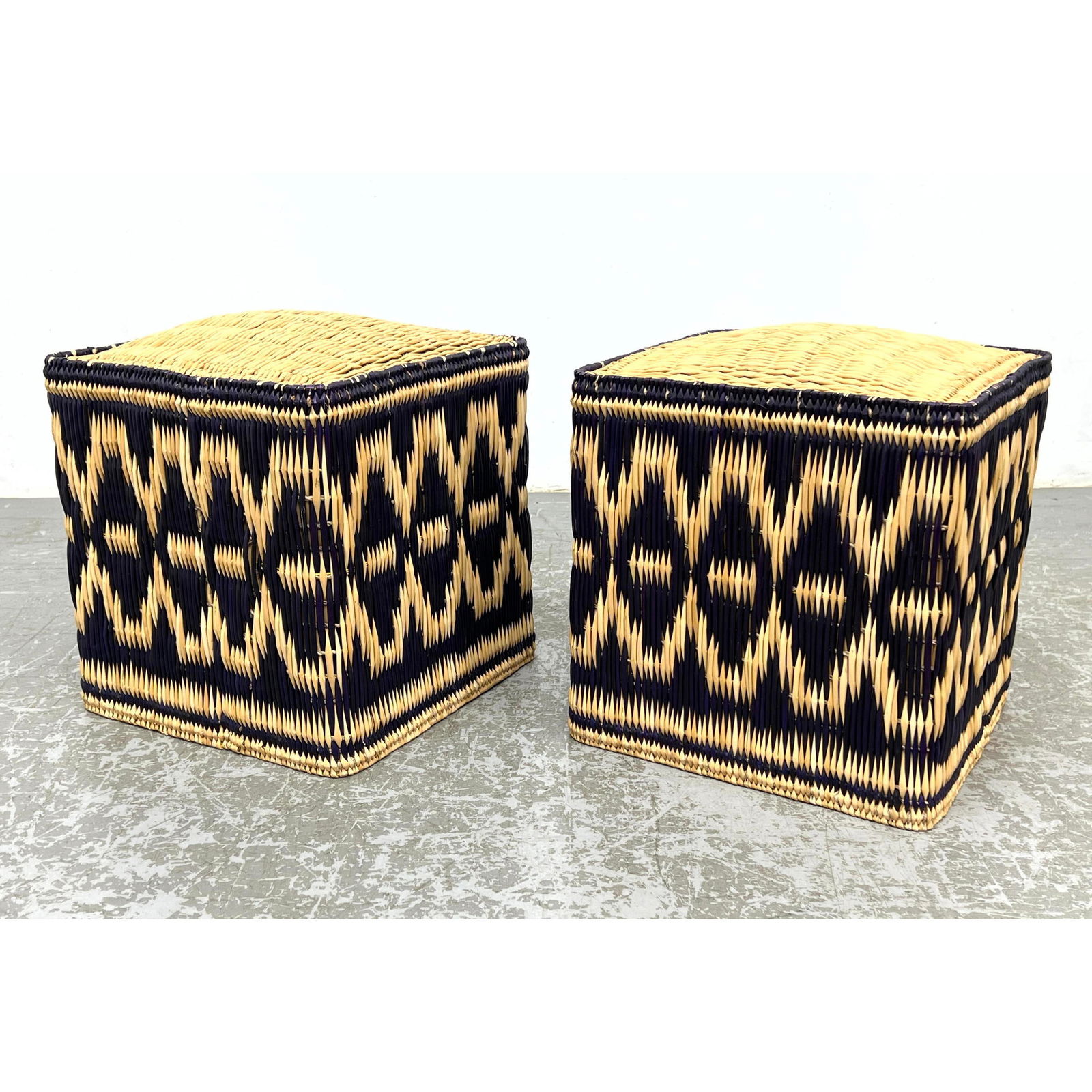 Pair Rattan Woven Pattern Stools. Moroccan Handmade Cube Stools. (1 of 12)