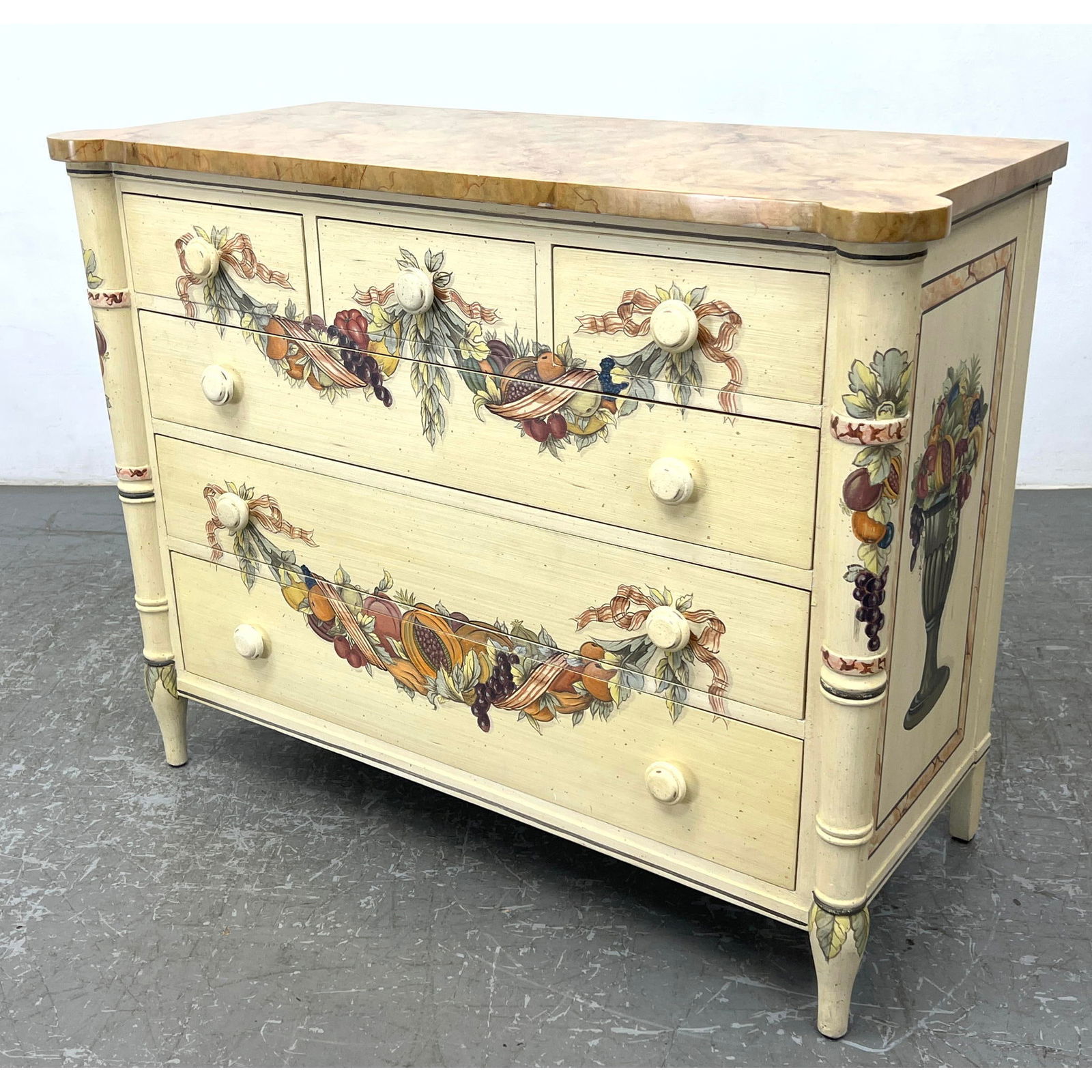 Paint Decorated La Barge Low Dresser Chest. Paint Floral and Swag design. Hand Painted Cottage Garde: Paint Decorated La Barge Low Dresser Chest. Paint Floral and Swag design. Hand Painted Cottage Garden Collection. Dimensions: Height: 33 inches, Width: 42 inches, Depth: 19 inches. --- - - We offer cu