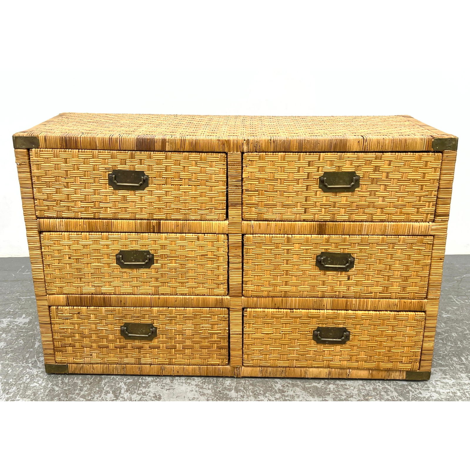 Campaign Style Wicker Rattan Low Chest Dresser.  Brass accents. (1 of 11)