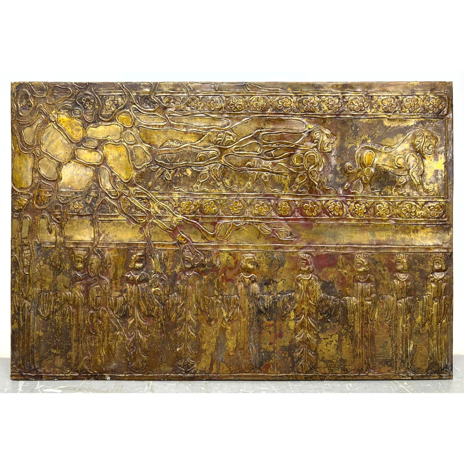 AL ARTANO Embossed Brass Wall Plaque. Mid Century style. Two frieze designs: Upper section has lions (1 of 7)